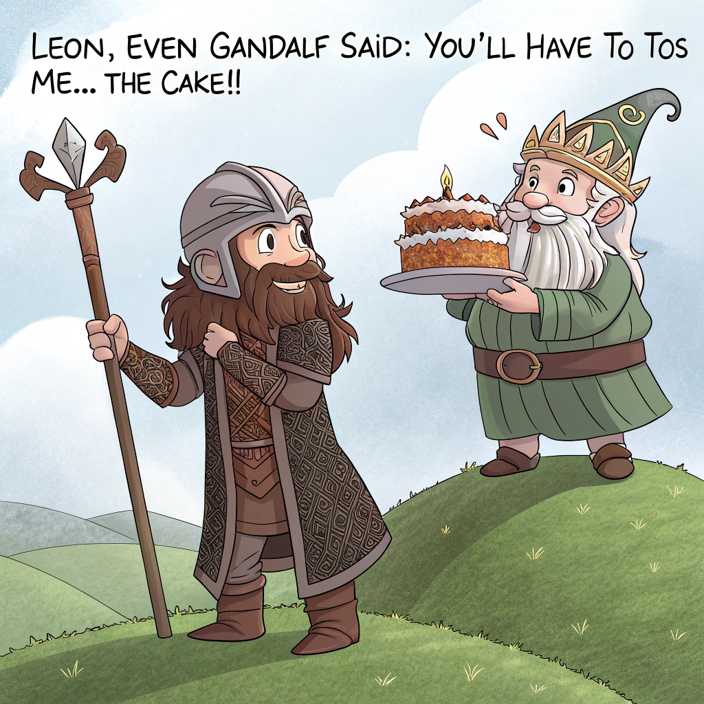 At the top of the image, "Leon, even Gandalf said: 'You'll have to toss me... the cake!'"

- Create a realistic photograph-style image showing Gimli and Gandalf standing on a grassy hill in the Shire. 
- Gimli, wearing his iconic armor and helmet, is holding a massive, ridiculous birthday cake that's way too big for him, struggling to keep it balanced.
- Gandalf stands nearby, laughing heartily, his staff casually resting over one shoulder, while he motions with his hand as if telling someone (off-camera) to prepare to "toss" Gimli—with the cake.
- Add fun, subtle birthday details like party hats perched on their heads (Gimli's hat is too small and crooked, Gandalf's is extra tall and glittery).
- In the background, a small hobbit party with colorful bunting and balloons floats over cozy Hobbiton hills.
- The scene is sunny, with vibrant colors to create a cheerful, whimsical mood.
Generated with these themes: Gimli, lord of the rings , quotes from the movies adapted, gandalf, you’ll have to toss me.
Made with ❤️ by AI.