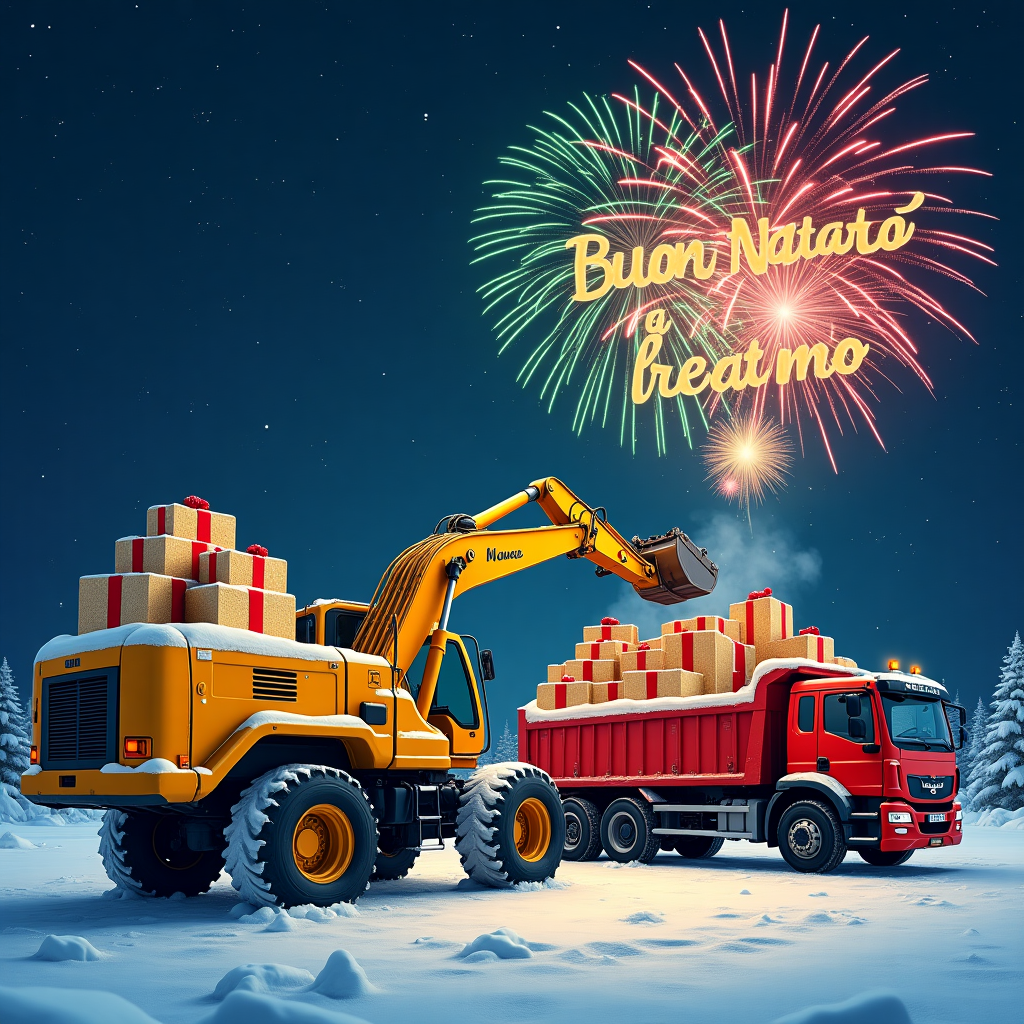 On the cover of this unique Christmas greeting card, envision a bustling construction site blanketed by a soft layer of snow, set against the backdrop of a starry winter night. At the heart of the scene, a mighty yellow escavatore (excavator) stands majestically, its long arm reaching up towards the sky as if it's conducting the twinkling stars above. Next to it, a robust red camion (truck) is parked, its open bed brimming with oversized wrapped Christmas gifts in shimmering gold and red paper, their bows glinting under the site lights. In the background, vibrant fireworks explode in a dazzling array of colors, painting the Cielo (sky) with brilliant hues of red, green, and gold. Each firework burst illuminates the scene, casting playful shadows on the snow. Suspended in the air, formed by the trail of one particularly spectacular firework, are the words "Buon Natale e felice anno nuovo!" crafted in bright sparkles that gradually fade into the night. The whole scene is captured from a low angle, making the machinery appear heroic and the fireworks magnificent, a tribute to a harmonious blend of human achievement and festive celebration.
Generated with these themes: Escavatore , Camion , Fireworks , and Cielo .
Made with ❤️ by AI.