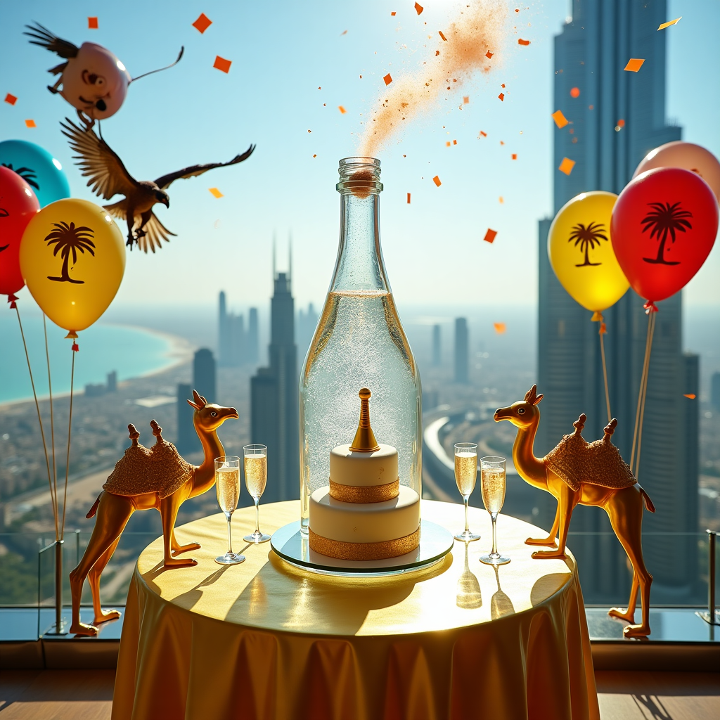 Picture this: A bustling birthday celebration unfolds atop the observation deck of the iconic Burj Khalifa, Dubai's towering skyscraper, its majestic spire piercing the azure sky. In the foreground, a sleek glass table draped in a vibrant golden cloth shimmers under the sunlight, with the table adorned with opulent elements: a massive ice sculpture of a champagne bottle, intricately carved and glistening as the melting ice catches the light. Perched around the sculpture are crystal champagne flutes, each filled with bubbly champagne that captures the sun's rays, creating tiny rainbows.

A pair of gold-plated camels, miniatures of Dubai’s renowned creatures, flank the table, their saddles humorously decked out in party hats, ready for the festivity. A lavish, three-tiered cake sits at the center of the table, its layers painted with edible gold leaf and topped with a mini Burj Khalifa as a candle holder, from which tiny sparklers burst forth in a dazzling display.

In the background, the stunning panorama of Dubai stretches wide, with its architectural marvels and the serene Persian Gulf visible. A fleet of colorful balloons, printed with palm trees and champagne glasses, dances in the gentle breeze, tethered to the deck railings. The air is filled with confetti, launched from miniature trebuchets, cascading in a glittering storm. To the left, an Arabian falcon, perched on a guest’s arm, holds a festive streamer in its beak, as if joining the celebration. This vibrant and luxurious scene encapsulates a birthday party where extravagance meets humor in the heart of Dubai.
Generated with these themes: Champagne , and Dubai.
Made with ❤️ by AI.