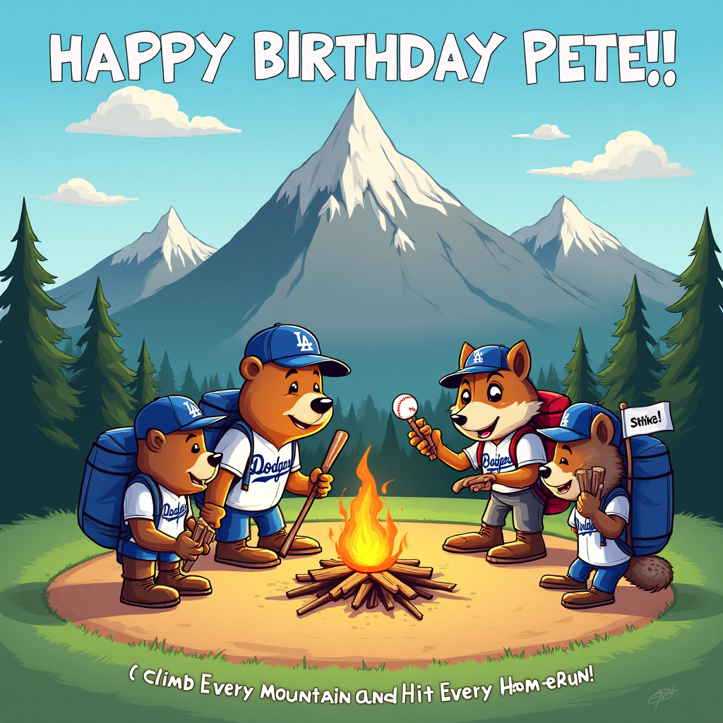 At the top of the Cartoon Style image, include the text "HAPPY BIRTHDAY PETE!!"

---

**Image Description:**

Imagine a vibrant, cartoon-style scene on a sunny day at a baseball field nestled within a mountain range. At the center, a group of animated characters, each sporting exaggerated hiking gear, oversized backpacks, and Dodgers baseball caps. They're gathered around a campfire that has transformed into a baseball diamond.

One character, a quirky bear in a Dodgers jersey, is comically trying to hit a baseball using a hiking stick as a bat, while a raccoon umpire, decked out in full baseball gear, energetically signals "Strike!"

In the background, a friendly, cartoonish mountain is chuckling, wearing its own tiny Dodgers cap, and holding a foam finger that reads "Go Dodgers!" in one hand, while the other hand waves a hiking flag.

At the bottom of the image, in a playful font: "Climb Every Mountain and Hit Every Home Run!"
Generated with these themes: Hiking, Dodgers baseball, and .
Made with ❤️ by AI.