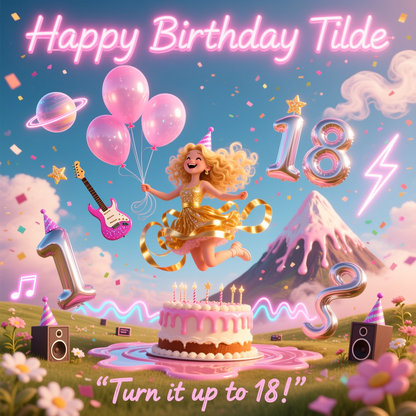 Blonde, Pink, hard rock, party, fun, 18 years old, baloon, fancy, curls, and Birthday Card