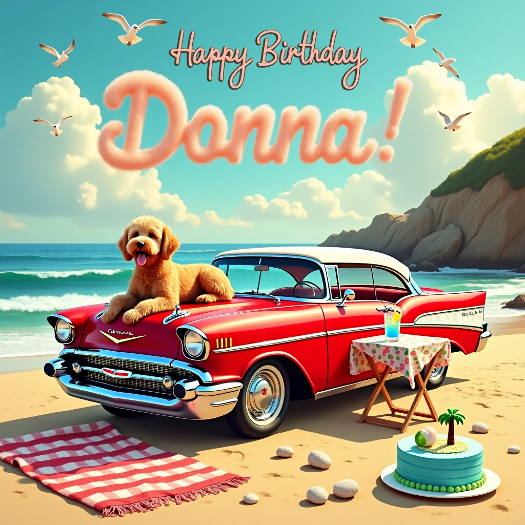 In this whimsical birthday card scene, the backdrop is the iconic Pebble Beach, with its rocky shoreline and crashing waves. Center stage is a cherry-red 1957 Chevy Bel Air Coupe parked at a slight angle, its shiny chrome accents glinting under the sunlight. On the hood, a fluffy, apricot-colored Labradoodle playfully lounges, its tongue lolling out in pure joy, seemingly posing for the camera. Beside the car, a small foldable table is set up, adorned with a vintage floral tablecloth, holding a perfectly crafted gin and tonic with a wedge of lime resting on the rim. 

In the sky above, fluffy white clouds form the words "Happy Birthday Donna!" in an elegant script, with a few seagulls seemingly cheering in flight around the letters. On the sandy beach, there are scattered beach pebbles, with some of the larger ones painted to look like birthday balloons, adding a playful touch. A beach towel is spread out nearby, with a birthday cake decorated in oceanic colors of blue and white waves, complete with a miniature palm tree candle topper. The whole scene is bathed in the warm glow of the setting sun, casting long shadows and a golden hue, creating a perfect birthday moment for Donna.
Generated with these themes: Chevy bellair coupe, Labradoodle, Pebble beach, Gin and tonic, and .
Made with ❤️ by AI.