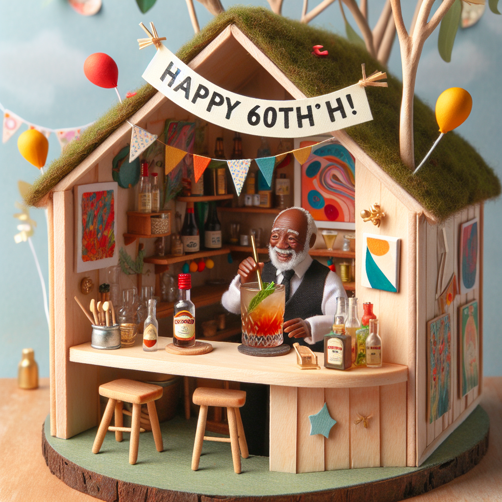 Create a delightful image of a birthday celebration. Inside a small, snug hut, an elderly Afro-Asian man cheerfully prepares a Negroni cocktail. The hut's walls are adorned with vibrant, abstract artworks and miniature shelves containing different cocktail ingredients. The hut exudes a warm, inviting light from its windows, implying a convivial party within. Outside the hut, a banner sways gently in the wind, jubilantly declaring 'Happy 60th!'. This is surrounded by balloons and streamers that decorate the charming natural wood of the hut.
Generated with these themes: man Karoo negroni art small shack 60th.
Made with ❤️ by AI.