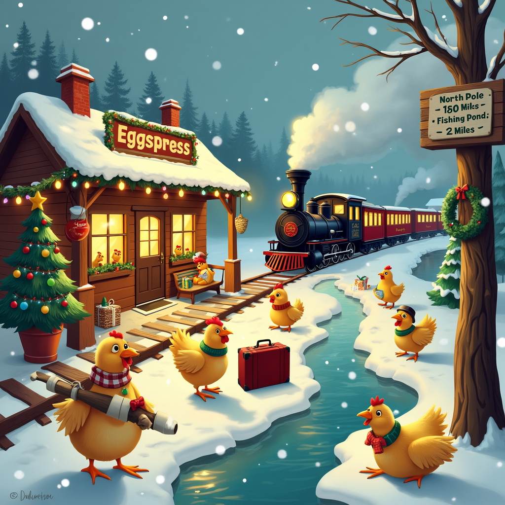 Picture a whimsical, snowy countryside with a charming, old-fashioned train station as the focal point. The train station is festively decorated with twinkling Christmas lights and garlands. The sign above the station reads “Eggspress Depot,” and the station is bustling with activity.

In the foreground, we see a group of anthropomorphic chickens, each one dressed in holiday attire, waiting for the Eggspress train. One chicken, wearing a Santa hat and a cozy scarf, is trying to balance a large fishing rod over its wing, while another chicken in earmuffs is struggling to keep hold of a suitcase bursting with Christmas presents. Nearby, a young chick, bundled up in an oversized coat, is holding a map and looking around excitedly.

To the left, a decorated wooden signpost reads “North Pole – 100 Miles, South Pole – 150 Miles, Fishing Pond – 2 Miles” with arrows pointing in different directions. Just beside the signpost, a chicken couple is seated on a bench, enjoying a warm cup of cocoa from a festive thermos. The bench has an elaborate fishing net hanging on one side, filled with Christmas ornaments.

In the background, the Eggspress train is arriving, a vintage steam locomotive adorned with Christmas lights, wreaths, and a smiling conductor chicken waving from the window. The train cars are equally festive, with large windows revealing cheerful chickens inside, some reading travel brochures and others enjoying holiday snacks.

Off to the right side, a frozen pond has a few chickens ice-fishing, with a small Christmas tree set up beside their fishing hole, decorated with bait and small bobbers. A plucky chicken wearing a fisherman's hat is proudly holding up a large, sparkly Christmas fish as if showing off the catch of the day.

Above the scene, snowflakes gently fall, and a banner strung between two snow-covered trees reads, “Season's Cluckings!” A few chickens are up in the trees, stringing more lights and placing ornaments on the branches.

The overall scene is detailed and bustling, with every element tying back to the themes of chickens, fishing, and traveling, all wrapped up in a festive Christmas setting.
Generated with these themes: Chickens, Fishing, and Travelling .
Made with ❤️ by AI.