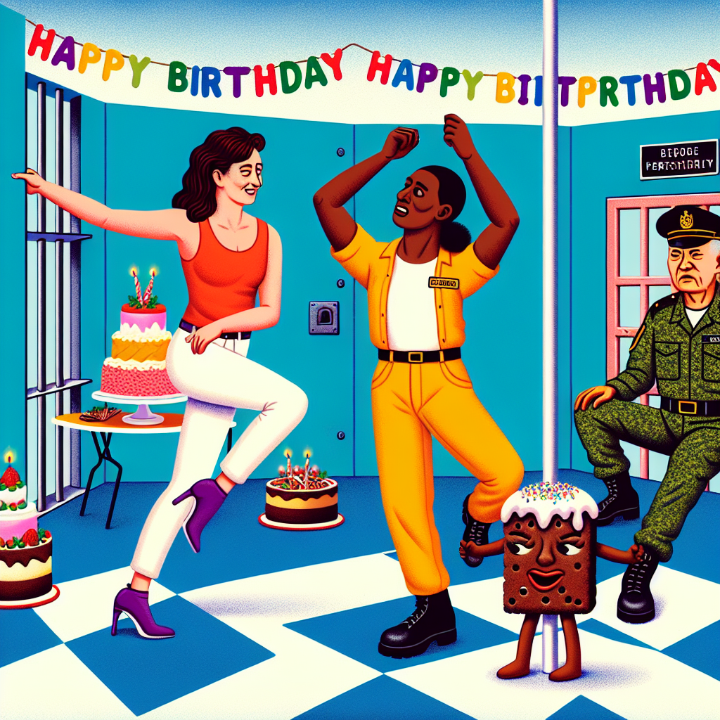 Generate an image depicting a playful birthday party scenario inside a brightly decorated prison cell. In the scene, a 33-year-old Caucasian woman with brown hair attempts to pole dance alongside her friend, a Hispanic woman with ginger hair. Both of their clumsy attempts at the dance are evoking laughter. In addition, a vigilant, anthropomorphic brownie, a pastry brought to life, is roaming around the area. Watching all of this is a South Asian military man with blonde hair, who balances an amused expression with a touch of authority.
Generated with these themes: 33, Brownie, Brownhaired girl, Ginger girl, Pole dancing, Prison, and Blond military man.
Made with ❤️ by AI.