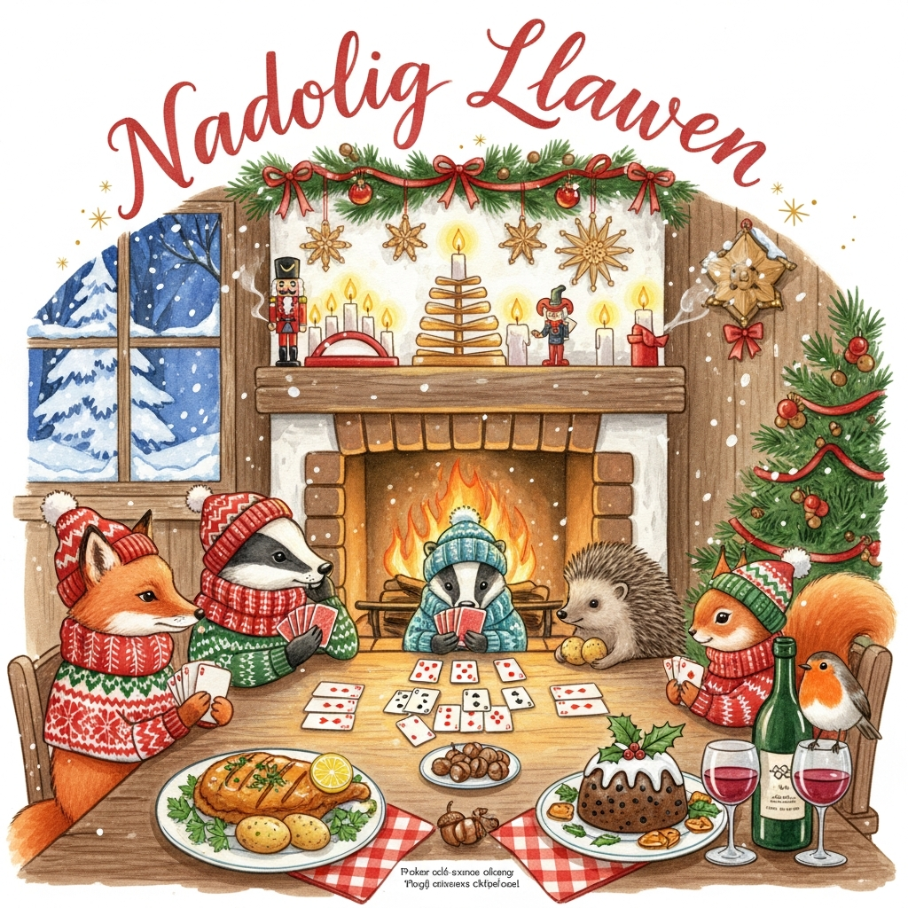 At the top of the Watercolor Style image, hand-letter “Nadolig Llawen” in flowing cranberry-red watercolor brush script with soft gold flecks and tiny snow-star sprinkles, gently arched.

A cute, cozy woodland Christmas interior painted in airy watercolor: a timbered room with a warm, crackling fireplace casting honey-amber light. On the mantel, German Christmas decorations glow and twinkle—a Schwibbogen candle arch, a wooden nutcracker soldier, a spinning candle pyramid, straw star ornaments, and a tiny Räuchermann puffing a wisp of incense. Fir garlands and red ribbons drape the beam; outside the window, a snow-dusted forest in soft blue washes.

In the foreground on a rustic pine table: a golden chicken schnitzel with crisp watercolor texture and a lemon wedge, roast potatoes sprinkled with parsley, a rich Christmas pudding crowned with a holly sprig and a dusting of “sugar snow,” and a bottle with two glasses of ruby wine catching the firelight. A friendly card game is mid-hand—playing cards fanned across the table, a little pile of acorn “chips” for charm.

Gathered around, adorable woodland animals in knitted winter accessories, rendered with soft edges and rosy cheeks: a fox in a Fair Isle scarf dealing the cards, a thoughtful badger studying his hand, a hedgehog peeking over a card, a red squirrel clutching a roast potato, and a robin perched on the rim of a wine glass. Gentle candle halos, soft shadows, and drifting snow speckles complete the scene.

Style notes: soft watercolor washes, delicate gradients, subtle pigment blooms, and visible cold-pressed paper texture. Warm cranberry reds, pine greens, ember oranges, walnut browns, and frosty twilight blues. Loose edges with drybrush fur details and a sprinkle of white gouache for snow.

At the bottom, add a tiny playful caption on a gingham napkin label: “Sip, shuffle, schnitz—let it snow!”
Generated with these themes: Woodland animals, Wine, Card games, Chicken schnitzel and roast potatoes, Cosy fireplace, Christmas pudding, German Christmas decorations, and .
Made with ❤️ by AI.