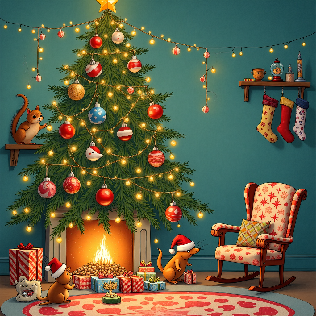 The front cover of this Christmas greeting card captures a whimsical and lively Christmas Eve scene in a cozy living room. Imagine a classic Norman Rockwell setting with an added twist of humor and eccentricity reminiscent of Quentin Blake's whimsical touch. At the center stands a towering Christmas tree adorned with a bizarre assortment of Christmas balls. Each ornament is unique—one is shaped like a grinning gingerbread man with frosting detailing, another is a small teapot with steam painted as if it's rising from its spout, and yet another is a little elf face, winking mischievously. The tree itself is slightly off-kilter, with its star-topper barely hanging on, adding a hint of Beardsley-esque charm to the scene.

In the foreground, a small mouse wearing a tiny Santa hat is pulling on a string of popcorn garland, causing a cascade of snowflake-shaped confetti to fall from the branches above. To the left, a curious cat, with its fur humorously standing on end, is pawing at a dangling ornament—a globe depicting Santa's sleigh circling the world. Nearby, a mischievous squirrel peeks out from the branches, clutching a stolen cookie decorated with icing and sprinkles.

Above the fireplace, a series of stockings hang precariously, each bursting with odd trinkets—a rubber chicken, a yo-yo, and even a tiny snow globe featuring a dancing penguin. A rocking chair sits beside the fireplace, draped with a patchwork quilt, reminiscent of N.C. Wyeth's attention to detail, while a pile of wrapped presents with quirky wrapping patterns—such as zig-zag stripes and polka-dots—spills onto the plush rug below.

The room is illuminated by the warm glow of fairy lights wrapped around the tree and strung haphazardly across the mantle, creating playful shadows and reflections that dance across the walls. Each element, from the mischievous mouse to the unique ornaments, combines to tell a story of delightful chaos and festive cheer, perfect for a Christmas card that brings a smile to the recipient’s face.
Generated with these themes: christmass ball om christmas tree.
Made with ❤️ by AI.