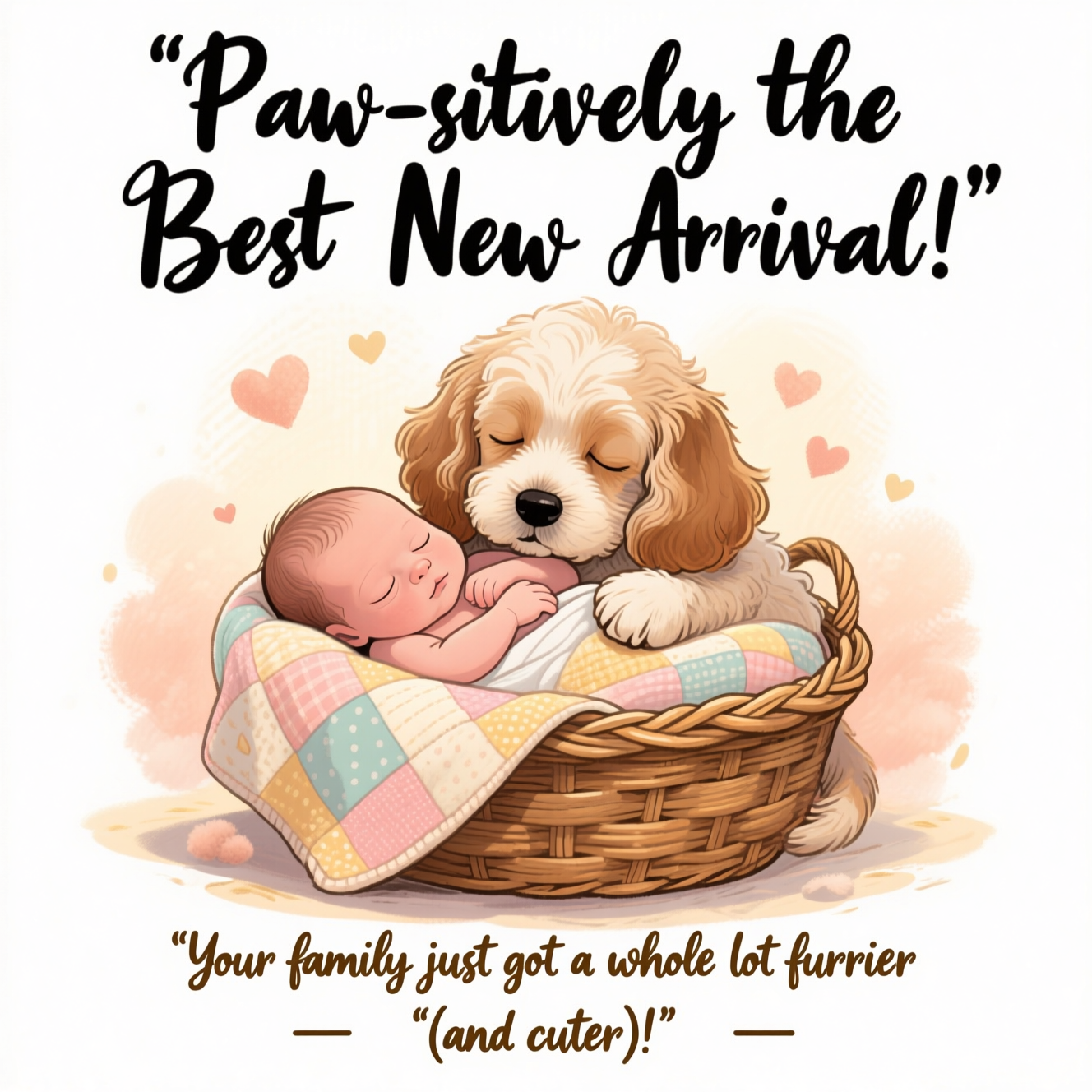 At the top of the image, in playful, hand-lettered script:  
**"Paw-sitively the Best New Arrival!"**  

At the bottom of the image, in a warm, cheeky font:  
**"Your family just got a whole lot furrier (and cuter)!"**  

— In the center, illustrate a soft, hand-drawn scene of a fluffy Cockapoo puppy curled protectively around a snoozing newborn, both nestled in a cozy wicker basket lined with a pastel patchwork blanket. The puppy’s ears drape gently over the baby like a hug, and there are tiny heart-shaped puffs floating up into the warm, textured background. Soft peach, cream, and golden hues create a tender, glowing atmosphere.
Generated with these themes: Cockapoo , and .
Made with ❤️ by AI.