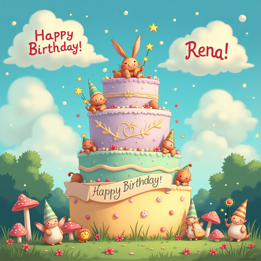 In this whimsical birthday greeting card illustration, we step into a fantastical world inspired by both the realms of Eorzea from FFXIV and a delightful cake wonderland. At the forefront, a large, round birthday cake stands tall, layered in pastel shades of lavender, mint, and buttercream yellow, reminiscent of Beatrix Potter's gentle palette. The cake is adorned with delicate, intricate decorations, including chocobo feathers and tiny, shimmering crystals that catch the light, paying homage to the magical essence of FFXIV. The top of the cake is crowned with a cheerful moogle, holding a tiny adventurer's lantern.

Surrounding the cake, a cast of adorable Lalafells, each with distinct hairstyles and tiny colorful party hats, are engaged in joyous celebration. One Lalafell, in a vibrant bard outfit, is strumming a miniature harp, while another is juggling sugar-coated carbuncle-shaped cookies. A small group of them is gathered near the base, where a ribbon unfurls with the inscription "Happy Birthday, Rena!" elegantly scripted in twinkling stars, evoking the celestial influence of Gustave Doré's enchanting skies.

The backdrop of the scene is a verdant landscape, a blend of Arthur Rackham’s detailed foliage with Quentin Blake’s playful whimsy, where oversized toadstools dot the landscape and ethereal fireflies dance in the twilight air. Floating above this magical tableau are puffy, whimsical clouds that take the form of cute fat chocobos, playfully resembling Maxfield Parrish’s dreamy skies. One cloud, in particular, gently drifts apart to reveal the name "Rena" etched by mischievous pixies, their twinkling dust forming the letters as they flutter around.

This charming scene, rich with intricate details and beloved FFXIV references, invites the recipient, Rena, into a world where fantasy and celebration blend seamlessly, offering a unique birthday tribute in an enchanting, storybook fashion.
Generated with these themes: Cake, FFXIV, and .
Made with ❤️ by AI.