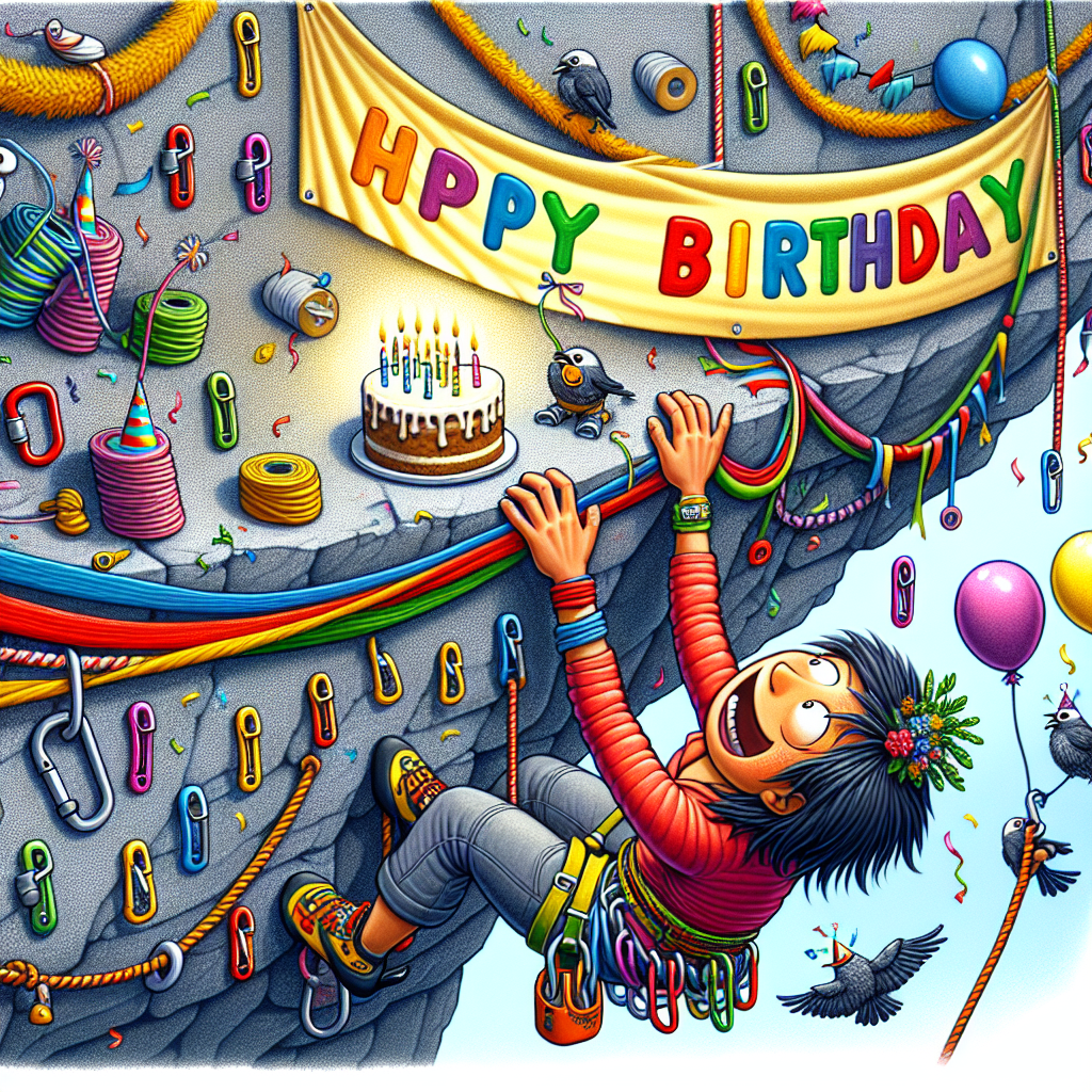 Depict a lighthearted cartoon of a birthday party taking place on a vibrant belay ledge adorned with festooned streamers color-coordinated with the climbers' cheerful gear. The lead character, Hispanic and female, has a comical expression and a ludicrously exaggerated climbing harness, and is reaching out to a cliffside banner that reads 'Happy Birthday'. Every safety pin and carabiner are drawn in a whimsical manner. Above, birds, wearing tiny party hats, add to the celebratory atmosphere of the setting. At the top of the climb, there lies a promise of a delightful end to this adventurous ascent - a cake with lit candles.
Generated with these themes: Hiking, and Climbing.
Made with ❤️ by AI.