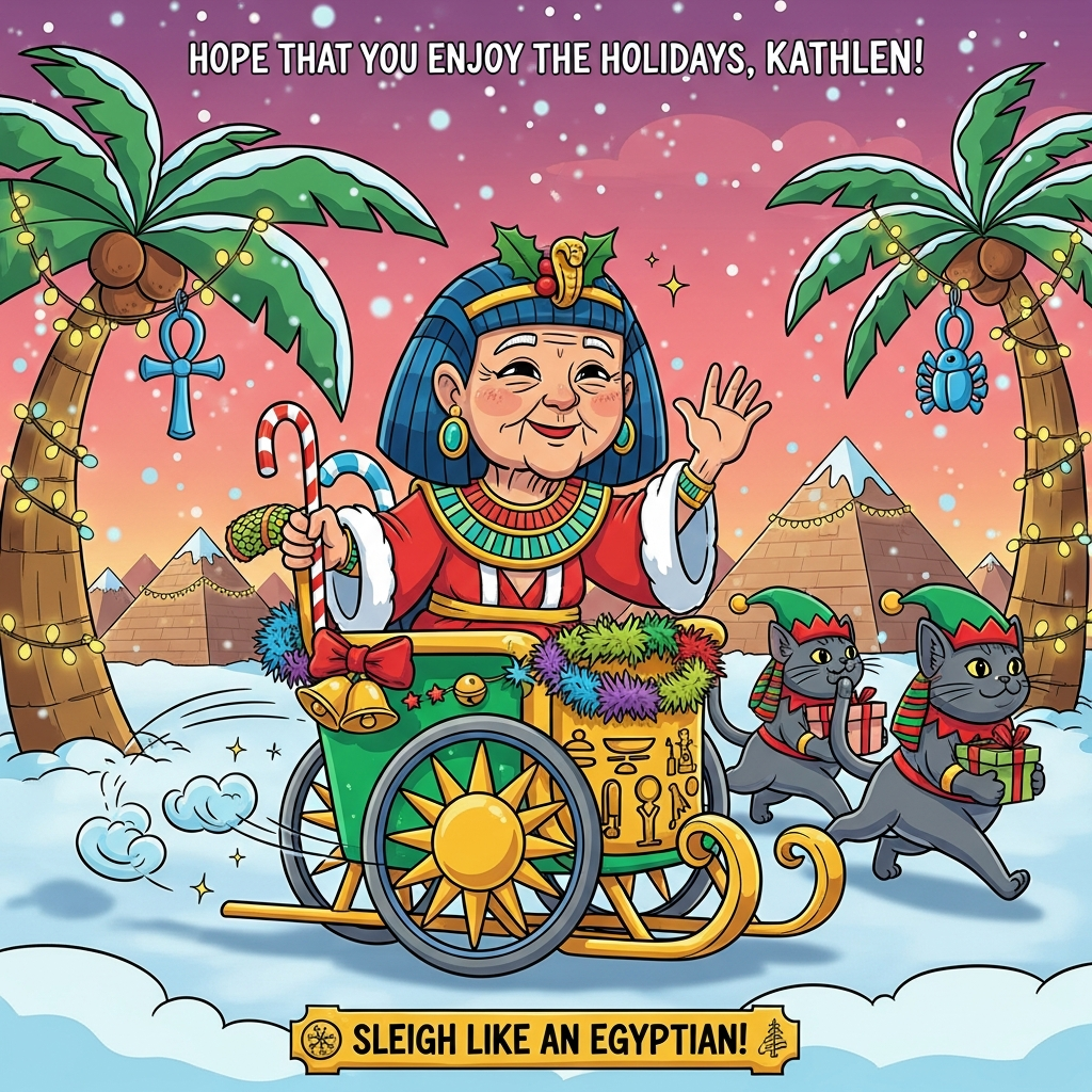 At the top of the Cartoon Style image, Hope that you enjoy the Holidays, Kathleen!

Cute Christmas cartoon in a playful, exaggerated style with thick outlines, bright saturated colors, and whimsical, energetic poses. Center stage: an elderly Cleopatra—regal yet cozy—smiling warmly with twinkling eyes, rosy cheeks, and a silver-streaked Cleopatra bob under a tiny holly-topped uraeus headband. She rides a festive golden wheelchair styled like a mini chariot-sleigh: sun-disk snowflake wheels, jingling bells, tinsel, hieroglyph motifs, and sparkly motion swooshes as she waves with one hand and holds a candy-cane crook in the other. Her outfit: red-and-gold royal robe with fluffy white trim, jeweled collar, and Egyptian patterns. Around her, two chubby Egyptian cats in elf hats trot alongside carrying presents. A decorated palm tree glows with ankh and scarab ornaments; snow-dusted pyramids twinkle with string lights under a rosy twilight sky, with softly falling snow and starry sparkles.

Color palette: vibrant turquoise, scarlet, gold, emerald, royal purple; bold black outlines; soft, glossy highlights and a cozy warm glow from fairy lights. Portrait orientation, large central image with playful confetti snow and gentle depth.

At the bottom on a small gold cartouche banner, Sleigh Like an Egyptian!

No other text or logos.
Generated with these themes: Elderly Cleopatra in wheelchair, and .
Made with ❤️ by AI.