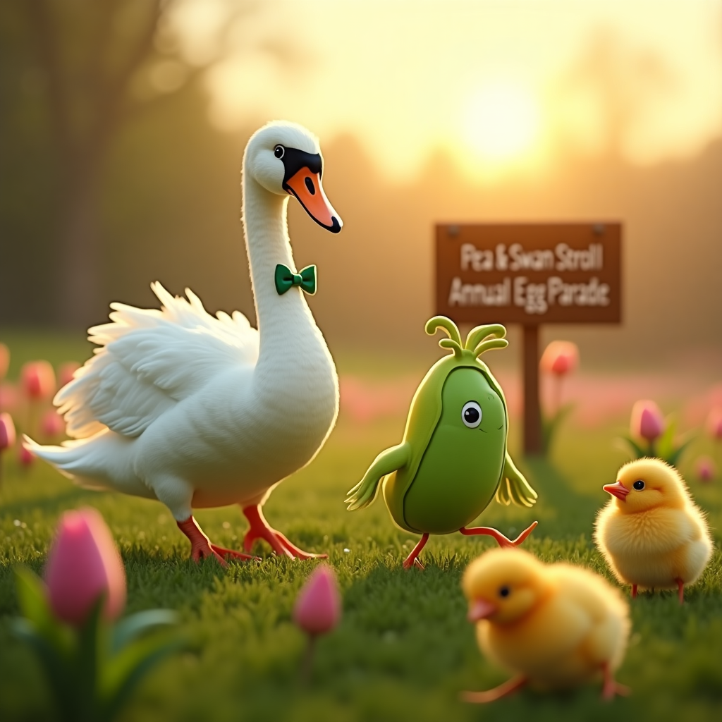 At the top of the realistic photograph image: Hoppy Easter, Nikki — from your swanderful new peas-keeper!

**Image Prompt:**  
A hyper-realistic photograph in a spring meadow at sunrise, with a debonair male swan (slightly smug-looking, with a fancy bowtie around his neck) gracefully strutting alongside an adorable, bright green sweet pea pod that's popped open, revealing tiny cartoonish eyes and legs as it strolls beside him. The duo are mid-walk like they're on a Sunday promenade, surrounded by blooming tulips, Easter eggs peeking out from the grass, and fluffy baby chicks looking on in confusion. In the background, there's a wooden sign that says "Pea & Swan Stroll — Annual Egg Parade." The entire scene is lit with a soft golden morning glow, enhancing the realism while maintaining the whimsical, hilarious tone.
Generated with these themes: Male Swan and a sweet Green pea walking.
Made with ❤️ by AI.