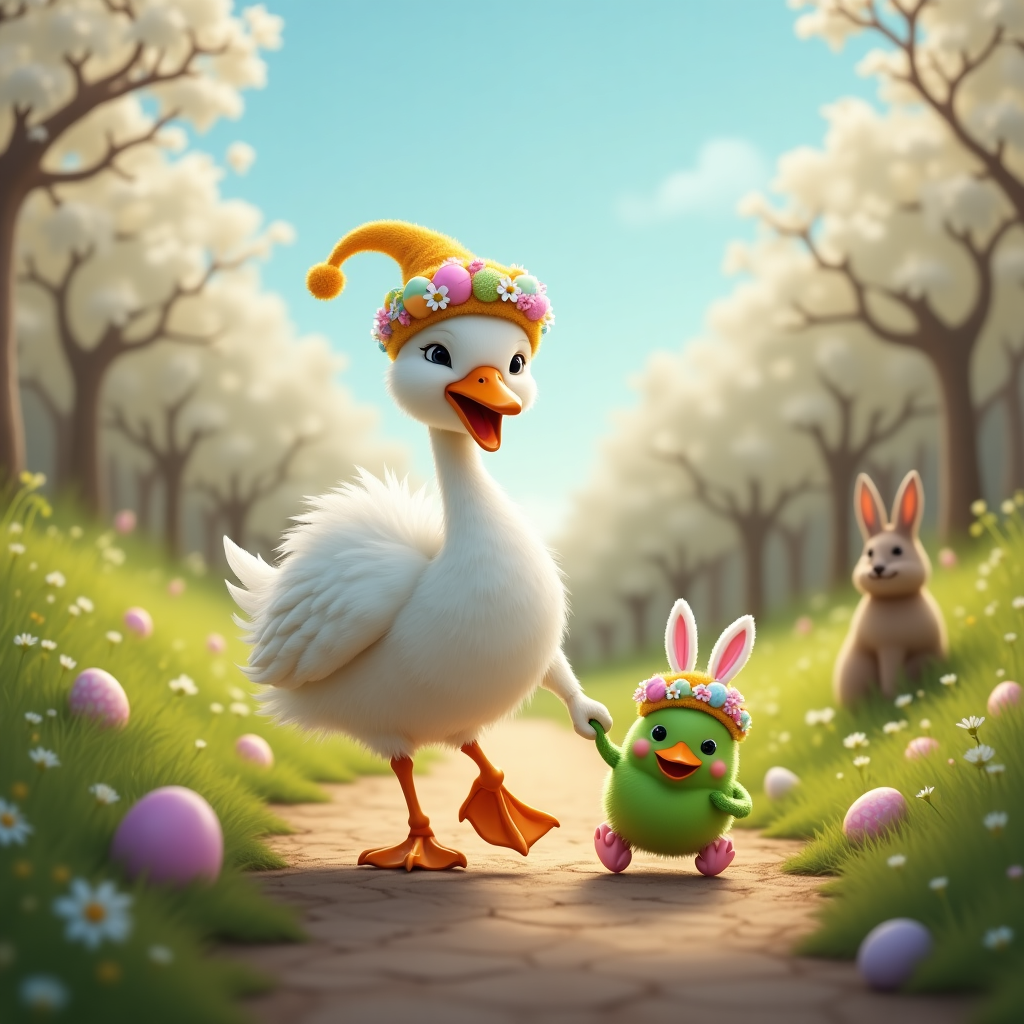 **Prompt for AI image generation:**

At the top of the realistic photograph image, *Hoppy Easter, Nikki – Let’s Pea-sfully Swan-der into Spring!*

Create a humorous, highly detailed realistic photograph of a tall, elegant male swan upright and confidently strolling on a quaint country path, holding the hand (stem) of an adorably tiny, sweet green pea with a big smile and little cartoon-style feet. The swan is wearing a festive Easter bonnet decorated with pastel eggs and daisies, while the green pea wears bunny ears and drags a tiny decorated Easter egg behind it like a wagon. They walk through a blossoming meadow under a sunny sky with scattered eggs hidden in the grass, with one rabbit in the background looking slightly confused. Capture it all with the clarity and warmth of a real photo.
Generated with these themes: Male Swan and a sweet Green pea walking.
Made with ❤️ by AI.