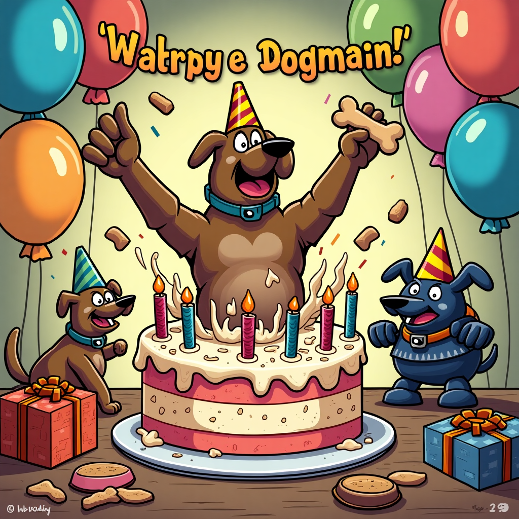 **Image Prompt:**

At the top of the cartoon image, it says: *"Rogue, it's time to PAW-ty like a Dogmaniac!"*

A hilariously chaotic birthday scene featuring Dogman bursting through a giant birthday cake wearing a party hat and covered in frosting, holding a slice of cake in one paw and a squeaky bone in the other. Balloons shaped like dog biscuits float in the background. Lil’ Petey is DJing with dog bowls as turntables while Chief is frantically trying to stop the dancing robot-dog-police squad from chewing up the gift-wrapped presents. In the corner, a banner reads: “Warning: May Cause Tail Wagging!” in bold cartoon letters. The overall style is colorful, energetic, and delightfully ridiculous – perfect for fans of Dogman and chaos-loving birthday revelers.
Generated with these themes: Dogman.
Made with ❤️ by AI.