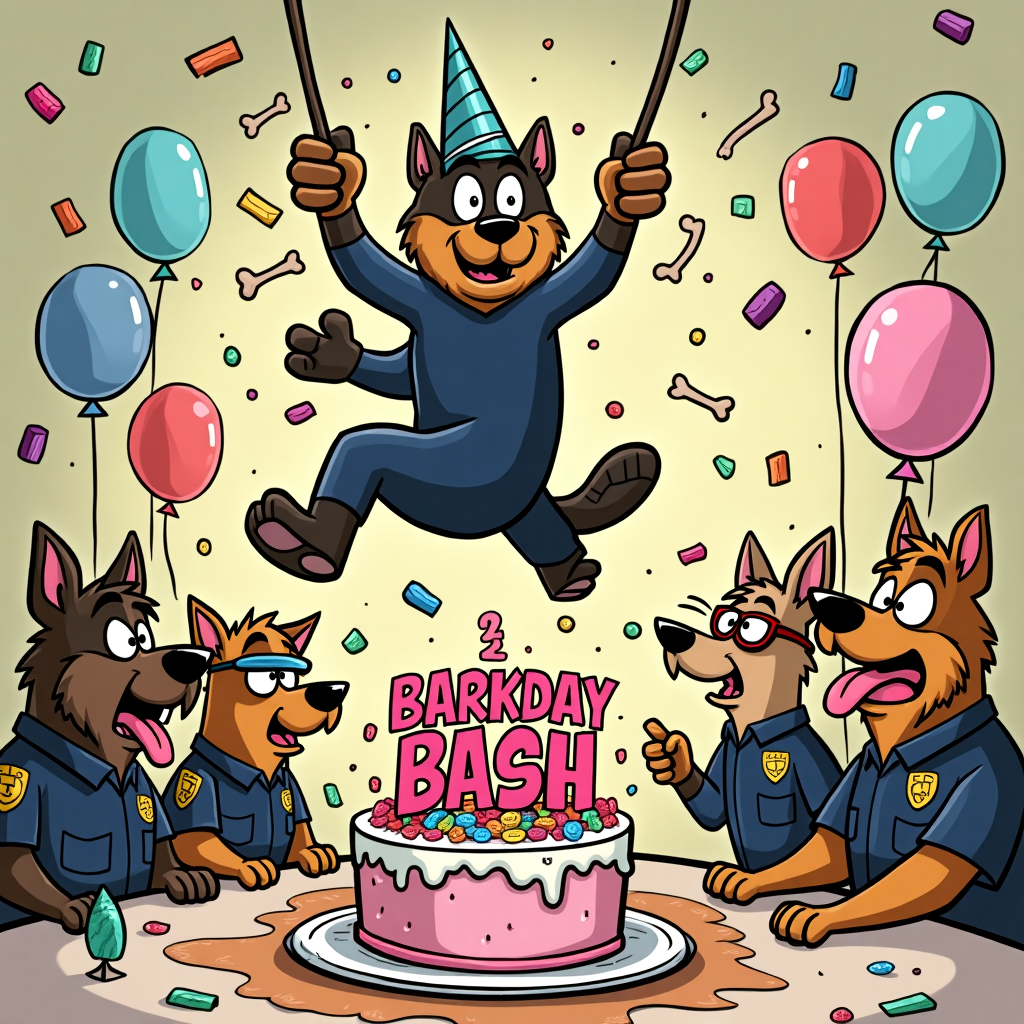 At the top of the cartoon image, "Have a PAW-some Birthday, Rogue!"

Prompt:  
A cartoon scene featuring Dogman — the half-dog, half-cop hero — in a party hat, swinging on a giant birthday piñata shaped like a criminal cat villain, mid-swing with candy flying everywhere. In the background, a gang of goofy police dogs are struggling to wrap a gift that's comically too big, with bones and chew toys spilling out. Balloons spell "BARKDAY BASH" and one mischievous pup has frosted their entire snout from diving face-first into the birthday cake. The style is colorful, bold-lined cartoon with exaggerated facial expressions, bursting with birthday chaos and canine comedy.
Generated with these themes: Dogman.
Made with ❤️ by AI.