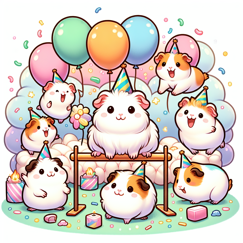 Illustrate a delightful and cute cartoon birthday scene featuring lively guinea pigs as the centerpiece. The guinea pigs, adorably attired in party hats, are surrounded by pastel balloons and confetti. One of the guinea pigs performs an endearing somersault on a miniature gymnastics beam, while others show excitement while playing with fidget toys. In the backdrop, a fluffy marshmallow mountain under a drizzle of multicolored lights adds a whimsical touch, enhancing the festive ambiance.
Generated with these themes: Guinea pigs fidgets gymnastics marshmallows.
Made with ❤️ by AI.