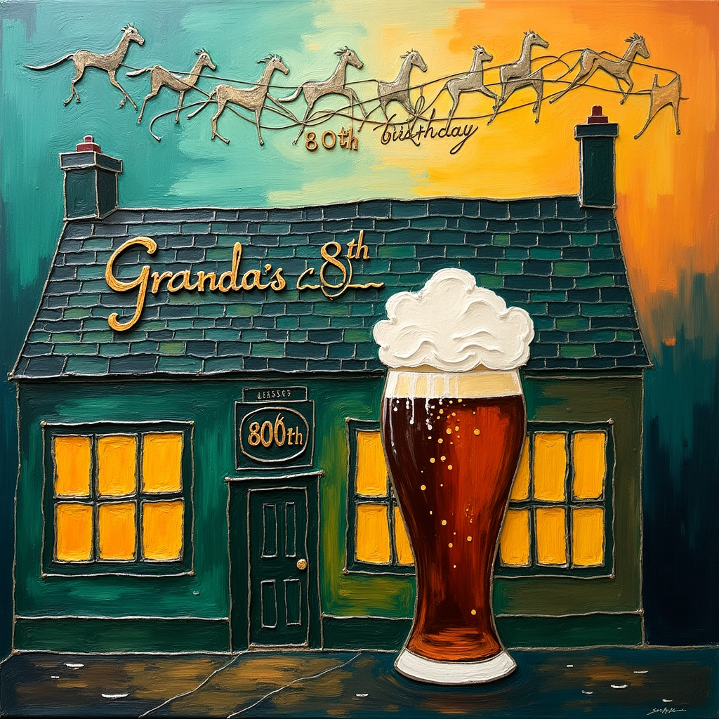 The greeting card's front cover showcases a solemn yet vibrant abstract scene that masterfully intertwines the themes of horse racing, an 80th birthday celebration, Irish culture, and a traditional pub atmosphere. Imagine an abstract canvas where swirling brushstrokes reminiscent of Kandinsky and Pollock create a dynamic sense of movement across the top half, suggesting the galloping energy of a horse race. The horses are suggested through elegant, sweeping lines in shades of emerald and ochre, their forms emerging and dissolving like wisps of wind.

Below, Piet Mondrian-inspired blocks of deep, rich greens and warm browns form the sturdy outlines of a traditional Irish pub, with windows aglow in warm yellows, suggesting a welcoming refuge. The pub's facade is subtly adorned with a textured pattern reminiscent of Cy Twombly's looping scripts, spelling out "Grandad's 80th Birthday" in a whimsical yet respectful manner. The background is a Rothko-esque gradient, transitioning from deep navy at the top to lighter, hopeful blues at the bottom, symbolizing both the depth of life experience and the hope of many more happy years.

Suspended above this scene, fluffy clouds reminiscent of Agnes Martin's subtle grids spell "Grandad" in faint, silvered outlines, whispering the celebratory message across the sky. A Joan Miró-inspired banner weaves through the clouds, playfully echoing the colors below, and is interspersed with minimalist horse silhouettes, adding a sense of harmony and festivity.

To the right, a tilted figure, suggestive of an abstract de Kooning figure, holds an oversized pint glass whose deep amber contents shimmer with hints of ruby, a nod to the traditional Irish stout. The pint glass itself acts as a visual anchor, its base blending into a richly layered texture akin to a Gerhard Richter painting, a tribute to the rich history and traditions of Ireland.

This detailed scene invites viewers to trace the interconnected lines, celebrate life's race, and feel the warmth of both familial love and the cherished memories that have been shared over pints and past victories, all while cherishing the unique essence of "Grandad" woven into every element.
Generated with these themes:  horse racing, 80th Birthday, irish, pub.
Made with ❤️ by AI.