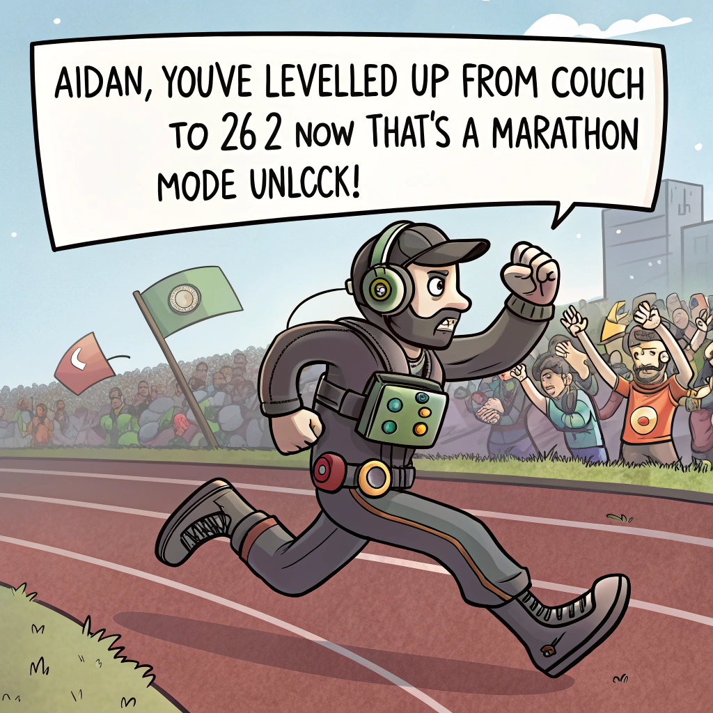 At the top of the image, "Aidan, you've levelled up from couch to 26.2—now that's a marathon mode unlock!"

- Depict a humorous, cartoon-style scene of Aidan dressed in full gaming gear (headset, oversized controller belt, energy drink holsters), but he's sprinting down a marathon track.
- The crowd cheering includes quirky pixelated NPCs holding signs like “GLHF IRL!” and “Achievement Unlocked: Real Sweat!”
- There are save-point flags every mile and a final boss finish line shaped like a giant running shoe.
- The sky in the background features pixel clouds and retro 8-bit sun.
- Scatter some power-up mushrooms and gold coins on the route for a cheeky video-game flair.
Generated with these themes: Marathon, Good luck, Gaming, and .
Made with ❤️ by AI.
