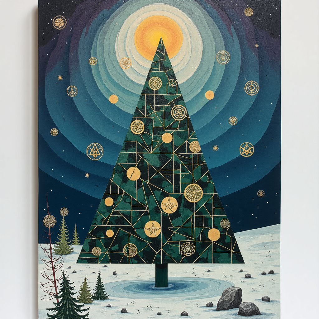 The front cover of this solemn abstract Christmas card melds masonic symbology with avant-garde artistry inspired by the greats. At the center of the scene, a geometric Christmas tree emerges, composed of intersecting lines and shapes reminiscent of Mondrian's gridworks. The tree is a structured composition of triangles and rectangles in a palette of deep emerald green and muted gold, reminiscent of Malevich's Suprematist compositions. 

Around the tree, a swirling flurry of circular forms represents snowflakes, but on closer inspection, they are reminiscent of Kandinsky's vibrant circles, each with intricate patterns of blue, silver, and white. Scattered among the snowflakes, small, subtly integrated Masonic compasses and squares can be discerned, rendered in a transparent, ghostly silver that almost seems to fade into the background, paying homage to Pollock’s layering technique.

In the backdrop, Rothko-inspired horizontal bands of color softly transition from a twilight purple at the bottom to a celestial blue at the top, creating an atmospheric gradient that hints at a peaceful night sky. De Kooning-like strokes of white add texture to this ethereal sky, suggesting swirling winter winds.

In the foreground, a mirage of subtly textured stones, symbolizing the foundational blocks of Masonic teachings, are delicately drawn with Miró-inspired curving lines and shapes, as if they are part of a dreamscape. Amongst these stones, glyphs and symbolic markings, reminiscent of Twombly's scribbles, emerge faintly, suggesting ancient messages waiting to be deciphered.

Finally, in the bottom right corner, an Agnes Martin-inspired grid appears faintly in silver, like a distant city under a gentle snowfall, tying the abstract elements together in a harmonic yet solemn scene perfect for the holiday season. This card tells a story of hidden messages and structured beauty within the chaos of winter.
Generated with these themes: masonic.
Made with ❤️ by AI.