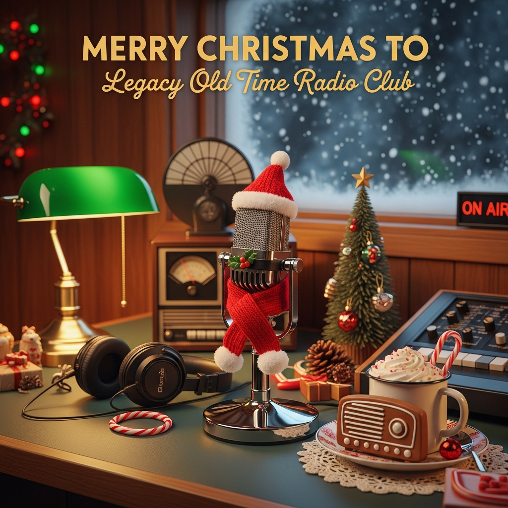 At the top of the Photorealistic picture taken from a camera image, MERRY CHRISTMAS TO Legacy Old Time Radio Club

Ultra-high-definition 4K UHD photorealistic photograph, accurate lighting, lifelike textures, rich depth of field, true-to-life scene, portrait orientation (4:5). Camera look: full-frame 50mm prime at f/1.8, ISO 200, 1/125 sec, natural filmic grain, warm tungsten white balance.

Setting and composition: A cozy 1950s old-time radio studio dressed for Christmas. Center frame on a gleaming vintage chrome ribbon microphone (RCA-style) wrapped in a tiny knitted Santa hat and a snug red scarf, a small sprig of holly clipped to the grille. Microphone sits on a honey-toned wooden console desk with period bakelite headphones, a green-shaded banker’s lamp, a small tinsel tabletop tree with glass ornaments, pinecones, and a steaming enamel mug of hot cocoa topped with whipped cream and a candy cane stirrer. A radio-shaped gingerbread cookie rests on a lace doily. Background: wood-paneled walls, a glass control-room window edged with frost, gentle snowfall visible beyond, soft fairy-light bokeh glowing red, green, and warm amber; a classic broadcast tally light glows to suggest “on air” without readable letters. No modern elements.

Mood and styling: Cute, festive, nostalgic mid-century warmth. Kodachrome-inspired palette—candy-cane reds, pine greens, buttery creams, and golden ambers. Eye-level angle, tight framing for intimacy, creamy background bokeh that cradles the subject. Ample negative space at the very top for the header line.

Header text styling: Render the main header at the top in mid-century festive script, warm gold foil with a soft metallic sheen and subtle drop shadow, gently arced like a radio dial, crisp and perfectly legible.

Optional small caption to enhance the image: At the bottom, on a cream cue card clipped to the mic stand in a period typewriter font, single line: Tuning in holiday cheer, loud and clear!

Detailing: Realistic wood grain and lacquer sheen, micro-scratches on chrome, soft yarn fibers on the tiny hat and scarf, glass ornament reflections, delicate frost crystals on the window, faint steam curling from the cocoa, dust motes sparkling in the warm studio light. Rich depth of field—sharp focus on the microphone and holiday props, smoothly blurred background. No watermarks, no logos, no extra readable text beyond the specified lines.
Generated with these themes: 1950s old time radio shows, and .
Made with ❤️ by AI.