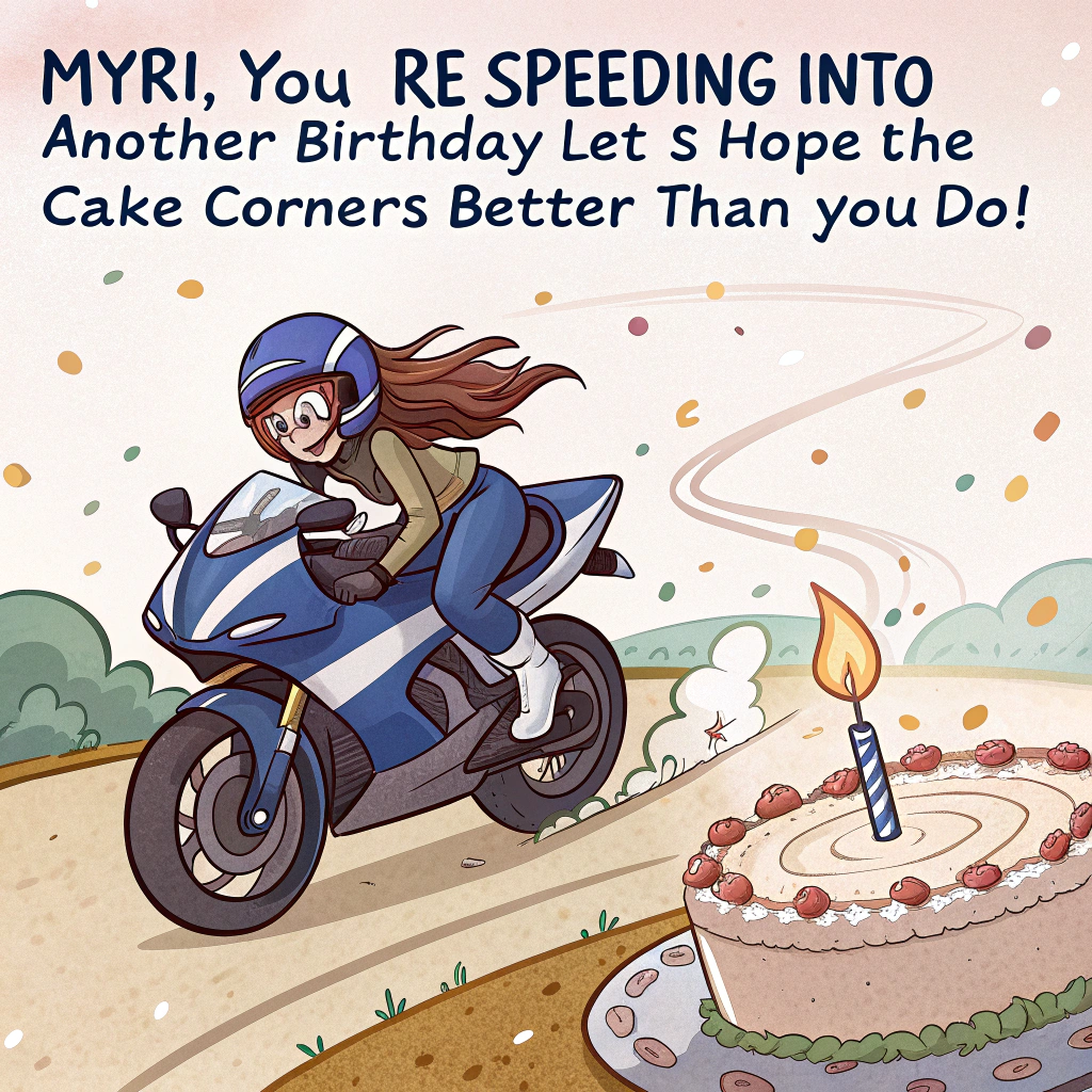 At the top of the image, "Myri, you’re speeding into another birthday — let’s hope the cake corners better than you do!"

- In the center of the image, illustrate a cartoon-style scene with a vibrant blue Yamaha R1 motorcycle skidding around a birthday cake-shaped bend, leaving a trail of confetti behind.
- A girl with flowing brownish-red hair tucked under a slightly oversized helmet is riding the bike with a giant grin, one hand in the air holding a sparkler like a torch of birthday triumph.
- In the background, a road sign reads “Caution: Birthday Ahead!”
- Add silly motion lines around the bike for an extra sense of wild speed and chaos.
- The whole scene is bursting with fun, action, and cheeky birthday spirit!
Generated with these themes: Blue R1 motorcycle, and Girl with brownish redhair and a helmet.
Made with ❤️ by AI.