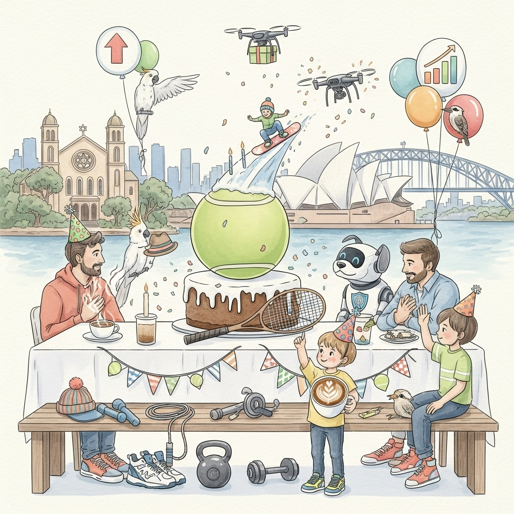 At the top of the Watercolor Style image, Happy Birthday BALL <3

A large, funny watercolor scene with soft washes, delicate gradients, and subtle pigment blooms on natural paper: On Sydney’s sparkling harbor, the Opera House and Harbour Bridge glow in airy, sunlit blues. Center stage sits a giant tennis-ball birthday cake, perched atop a snowboard as the “cake stand,” frosting cascading like sugary snow. A tiny, silly snowboarder zooms down the icing slope in a bright hat, while a tennis racket leans nearby and mini tennis-net bunting drapes the table. A playful family gathers—parents and their cheeky young son in bright sneakers and a party hat—high-fiving as the kid proudly presents a steaming flat white with latte art shaped like a tennis racket. A friendly “security” vibe arrives as a cute robot/dog with a shield badge gently “guards” the cake, tail wagging, getting a pat from the boy. Technology hums in: a little drone zips by with a wrapped gift, and a smartwatch flashes confetti sparks. Sales get a wink with an upward-arrow balloon and bar-chart balloon bobbing above the table. Gym gear doubles as decor: a jump rope garland, a tiny kettlebell candleholder, and watercolor-soft dumbbells. Hats abound—a jaunty fedora on the tennis-ball cake, a stack of colorful caps, and a bird-sized beanie. Birds bring the mischief: a cockatoo absconds with a party hat; a kookaburra perches on the net bunting. Shoes (crisp trainers and tennis shoes) lounge under the bench. In the soft skyline, a tasteful synagogue with arched windows and a modest Star of David window nestles among gum trees, tying the story of family and community together. Palette of sea-glass blues, minty greens, latte browns, sunny corals, and snowy whites; loose, airy brushwork with gentle backruns, soft edges, and natural paper texture left breathing around the composition for an organic, whimsical feel.

At the bottom of the image, add a small cheeky hand-lettered caption: Aces, epic lattes, and grand‑slam deals!
Generated with these themes: Tennis, Gym, Their Son, Security, Jewish Synagogue , Technology, Sales, Family, Sydney, Coffee, Birds, Snowboarding, Shoes, Hats, and .
Made with ❤️ by AI.