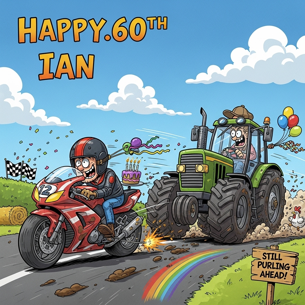At the top of the Cartoon Style image, Happy.60th Ian

Playful, funny Cartoon Style scene with exaggerated proportions, thick black outlines, and bright saturated colors: a countryside road-race where a supercharged superbike leans hard into a curve, side-by-side with a hulking, bouncy tractor thundering along. Big, expressive characters: the biker’s oversized helmet and gleeful eyes, the tractor driver in goggles and a flapping flat cap. Comedic action details: swooshing speed lines, confetti-like dust, hay bales and a surprised chicken leaping aside, checkered flags on hedgerows, blue sky with chunky clouds. Birthday touches: balloons trailing from the tractor’s exhaust, streamers on the bike’s handlebars, a tiny cake strapped to the bike with candles flickering in the wind. The tractor’s massive tires squash and rebound cartoonishly as it tries to keep up, flinging mud in rainbow arcs; the superbike pops a cheeky mini-wheelie with sparks. Composition: low-angle, dynamic diagonal sweep, bold cel-shaded shadows, plenty of clean sky for the title, vibrant color palette and energetic, whimsical poses throughout.

At the bottom right, on a small wooden roadside sign in playful lettering: Still pulling ahead!
Generated with these themes: Superbikes road racing, Tractors, and .
Made with ❤️ by AI.