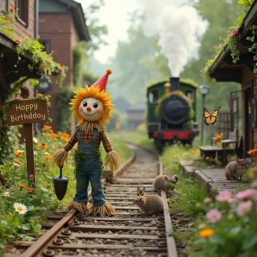 Imagine an old, disused railway station that has been whimsically overtaken by a verdant explosion of a garden. The train tracks, now out of service, are enveloped by lush greenery, with colorful wildflowers peeking through the rusted rails. At the center of the tracks stands a cheerful scarecrow wearing a party hat, holding a trowel in one hand and a watering can in the other, suggesting it's tending to the vibrant garden. Rather than a typical straw head, this scarecrow boasts a smiling sunflower face, with a friendly bee hovering nearby. 

Dangling from the dilapidated station sign, which reads "Happy Birthday Junction," are cheerful streamers and fairy lights, adding a festive touch to the scene. On one of the old wooden benches on the platform rests a cake shaped like a miniature greenhouse, complete with icing vines and marzipan flowers, eagerly awaiting to be served. Nearby, a family of mice, dressed in tiny party outfits, can be seen enjoying a picnic on a discarded ticket stub. In the background, the old ticket booth has been repurposed as a tool shed, with gardening tools and seed packets spilling out, while a curious hedgehog peeks from behind. 

Adding to the whimsical atmosphere, a defunct steam engine now serves as a planter, bursting with blooms and leafy plants growing from its open-top and cabins, while butterflies dance in the plumes of delicate botanical steam rising from its chimney.

Generated with these themes: Gardening, Disused railway station.  
Made with ❤️ by AI.