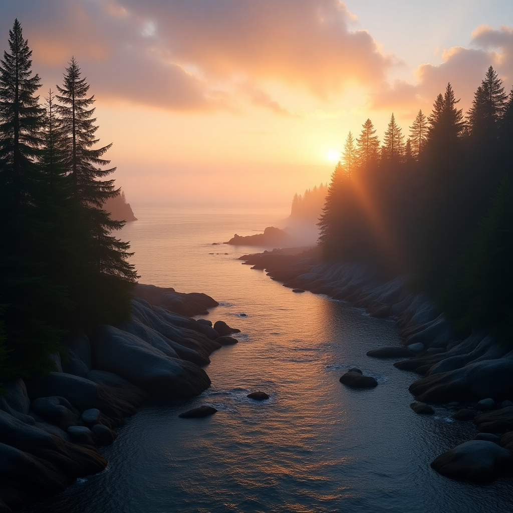 Sunrise over the ocean bay, Forested shore, Clear running stream into the ocean, and Mood of brightness and hope Congratulations Card