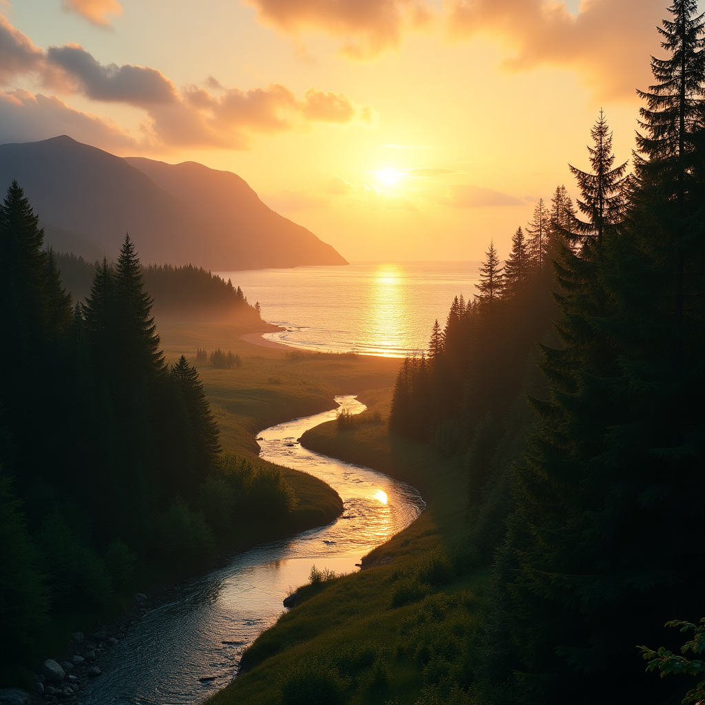 Sunrise over the ocean bay, Forested shore, Clear running stream into the ocean, and Mood of brightness and hope Congratulations Card