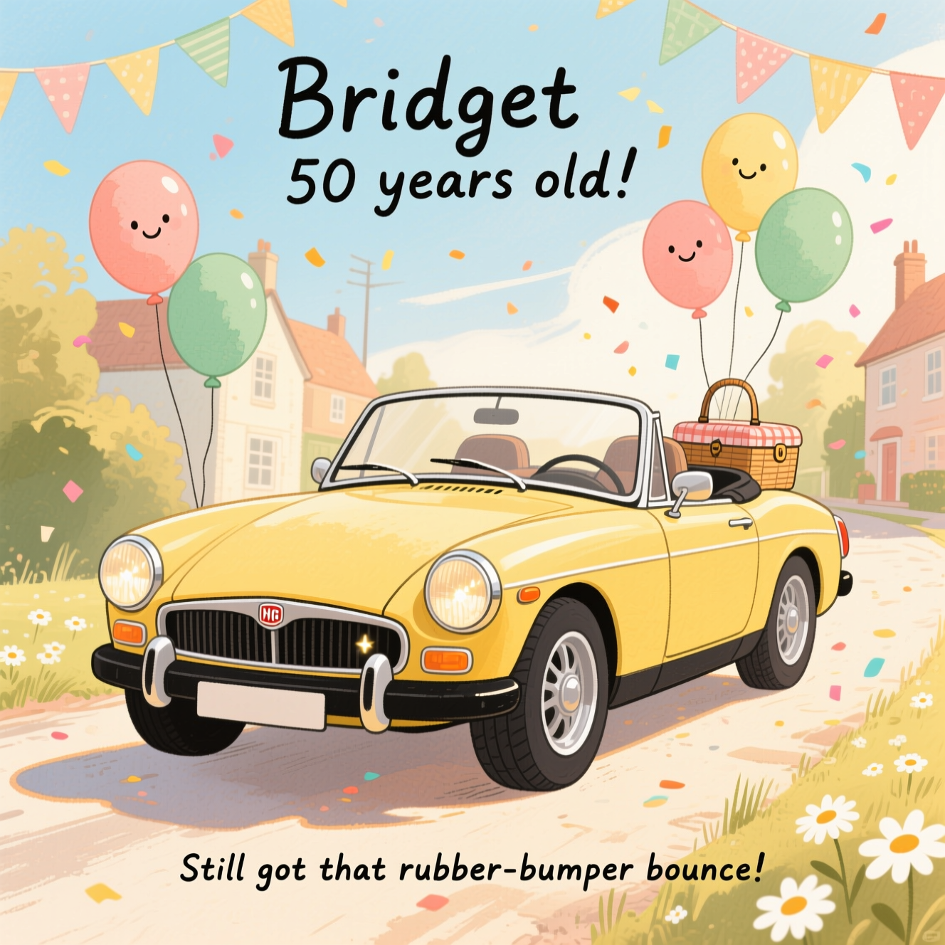 Rubber bumper 1976 MG Midget, and Birthday Card