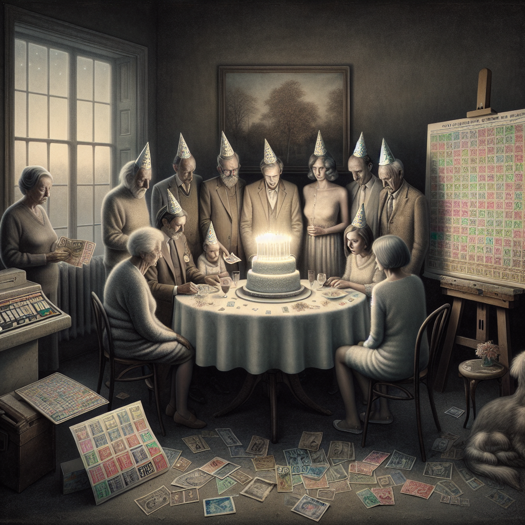 An image with a somber, muted palette portraying an unusual birthday scene. The centrepiece is a small group of individuals, diverse in descent and gender, gathered around a faintly glimmering birthday cake, symbolizing the short-lived nature of festivities. A winning lottery ticket is visible in one person's grip, contrasting with the subdued atmosphere of the party and highlighting a complex array of emotions. A meticulously arranged stamp collection is spread out on a side table nearby, representing life's quiet victories and illustrating the enduring dedication in contrast to the fleeting joy of the party.
Generated with these themes: Birthday party, Lottery win, and Stamp collection.
Made with ❤️ by AI.