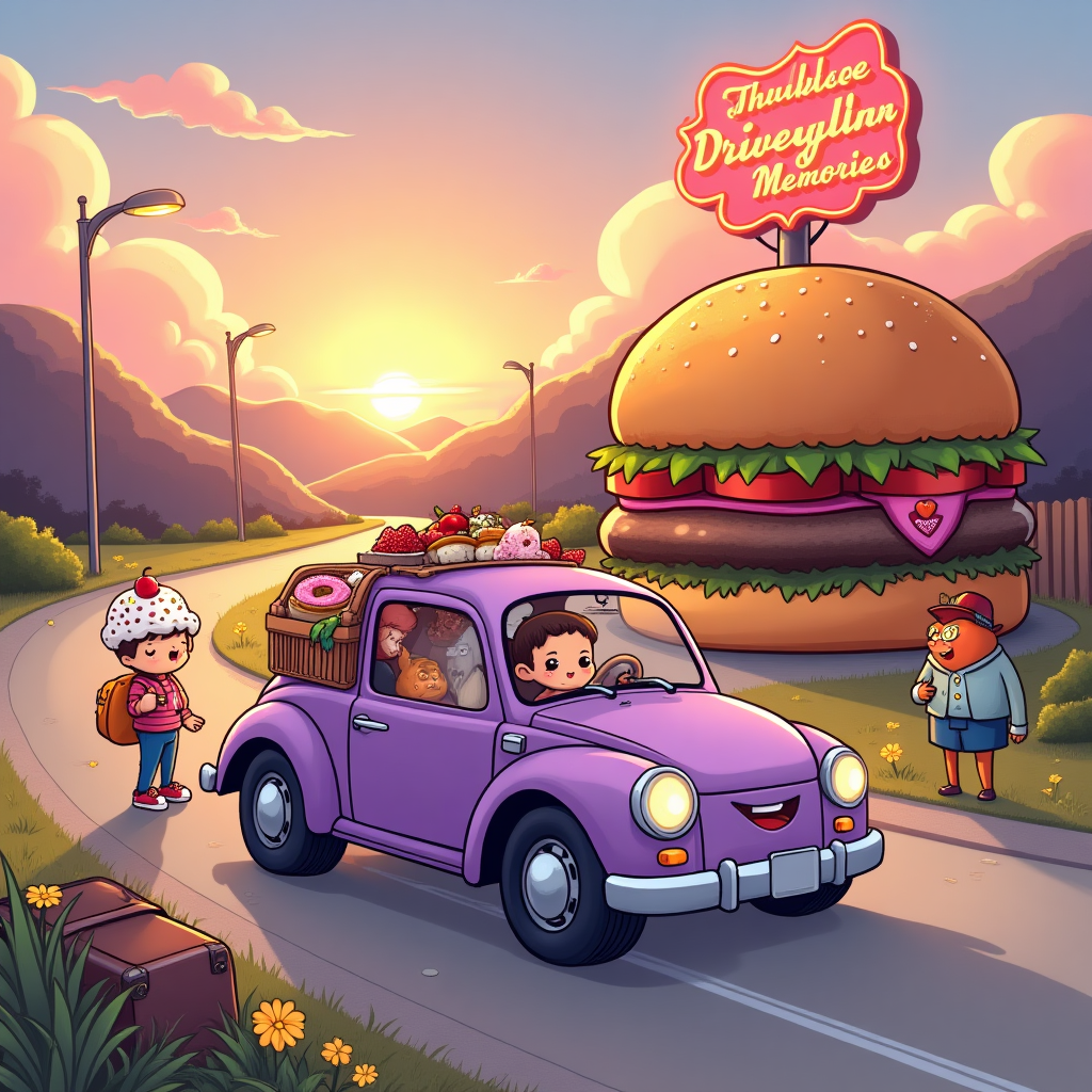 At the top of the Cartoon Style image, stop bullying me behind my back

Portrait orientation, image-first composition. Render the above line small and sincere in warm lavender hand-lettered script with gentle wobble, centered and airy at the top so the artwork fills most of the frame.

A heartfelt farewell scene at golden hour outside a cozy retro diner shaped like a giant burger. In the foreground, a glossy, cartoonish purple car with huge round headlight “eyes,” a soft smile, and chunky tires, packed with colorful suitcases and a picnic basket brimming with baguette, berries, and a donut-shaped travel pillow. One door is open; a cute cupcake character with a tiny backpack pauses with one foot inside, turning to give a bittersweet wave.

To the left, a small crowd of anthropomorphic food friends in playful, exaggerated proportions: a sprinkle donut dabbing a tear, a steaming coffee cup with heart-shaped steam offering a warm hug to a shy sandwich, a bright apple waving, and a sushi roll holding a little flower. Their expressions are tender and supportive—teary-eyed but smiling—posed with whimsical, energetic gestures.

Background: a winding road disappearing into candy-colored hills, lollipop-style streetlamps, and a soft gradient sky of saturated peach, pink, and violet. Golden sunlight kisses the purple car with sparkly highlights; long, soft shadows add warmth. Confetti-like leaves and daisies dot the roadside. Thick black outlines, bold saturated colors, and bouncy motion lines throughout.

Add one tiny extra line of text: “Thanks for the drive‑thru memories.” Place it discreetly as a single-line bumper sticker on the purple car (or a small roadside sign), subtle and secondary to the main top text.

Keep the overall tone sincere and warm. No additional text beyond these lines.
Generated with these themes: Food, Purple car, and .
Made with ❤️ by AI.