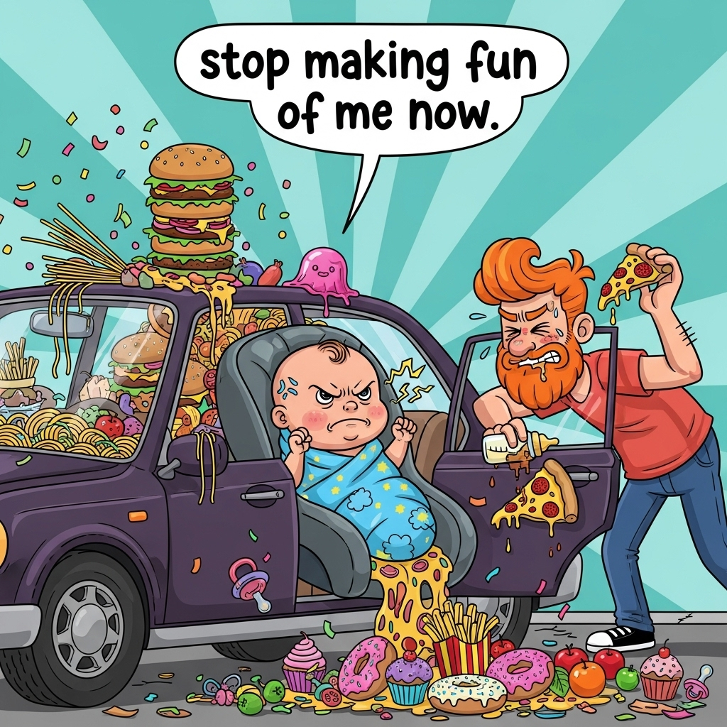 Dark purple car, Lots of food, Ginger man, and New-baby Card