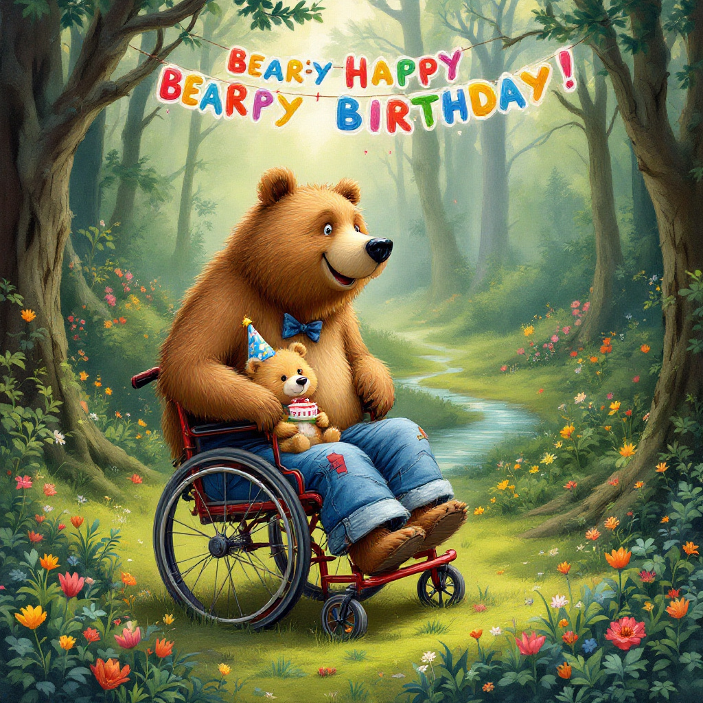 A big bear and a small bear. The big bear has denim shorts on but they are at his feet. Big bear is in a wheelchair Birthday Card