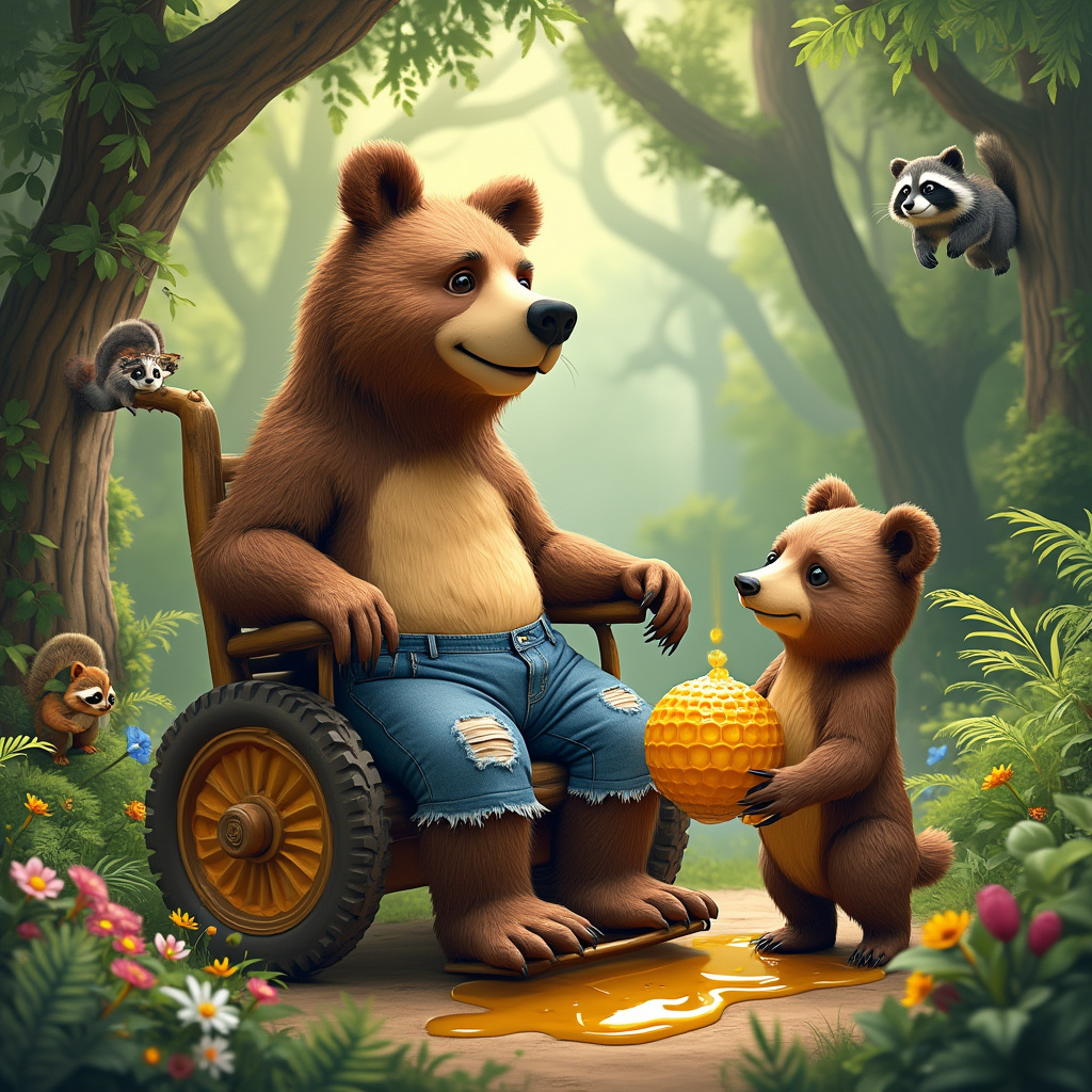 In the bustling heart of a lush forest clearing, the scene unfolds with a burst of playful hilarity. A grand, lumbering big bear is seated in a whimsical, hand-crafted wheelchair made from polished tree branches, its wheels adorned with vibrant, painted wildflowers. The bear's majestic brown fur is contrasted by a pair of denim shorts, comically bunched around its furry ankles, having fallen from its waist. These shorts are frayed at the hems, a testament to many adventures. The big bear wears an amused expression, its snout slightly tilted as it watches its pint-sized companion, the small bear. The small bear, equally furry but decidedly more sprightly, stands next to the wheelchair, holding a large honeycomb like a prize, sticky honey dripping from its paws. Its bright eyes are gleaming with mischief as it tries to hoist the denim shorts back up, using one paw for the shorts and the other for the honeycomb, a sticky endeavor indeed. The backdrop is a tapestry of emerald ferns and towering oaks, their leaves whispering secrets in the gentle breeze. A family of curious squirrels peeks from the branches above, and a raccoon, with a bandit-like mask, peers from behind a bush, drawn by the promise of honey. Sunlight dances through the canopy, casting playful shadows across this enchanting tableau, capturing a moment of forest hilarity on a joyous birthday celebration.
Generated with these themes: A big bear and a small bear. The big bear has denim shorts on but they are at his feet. Big bear is in a wheelchair .
Made with ❤️ by AI.