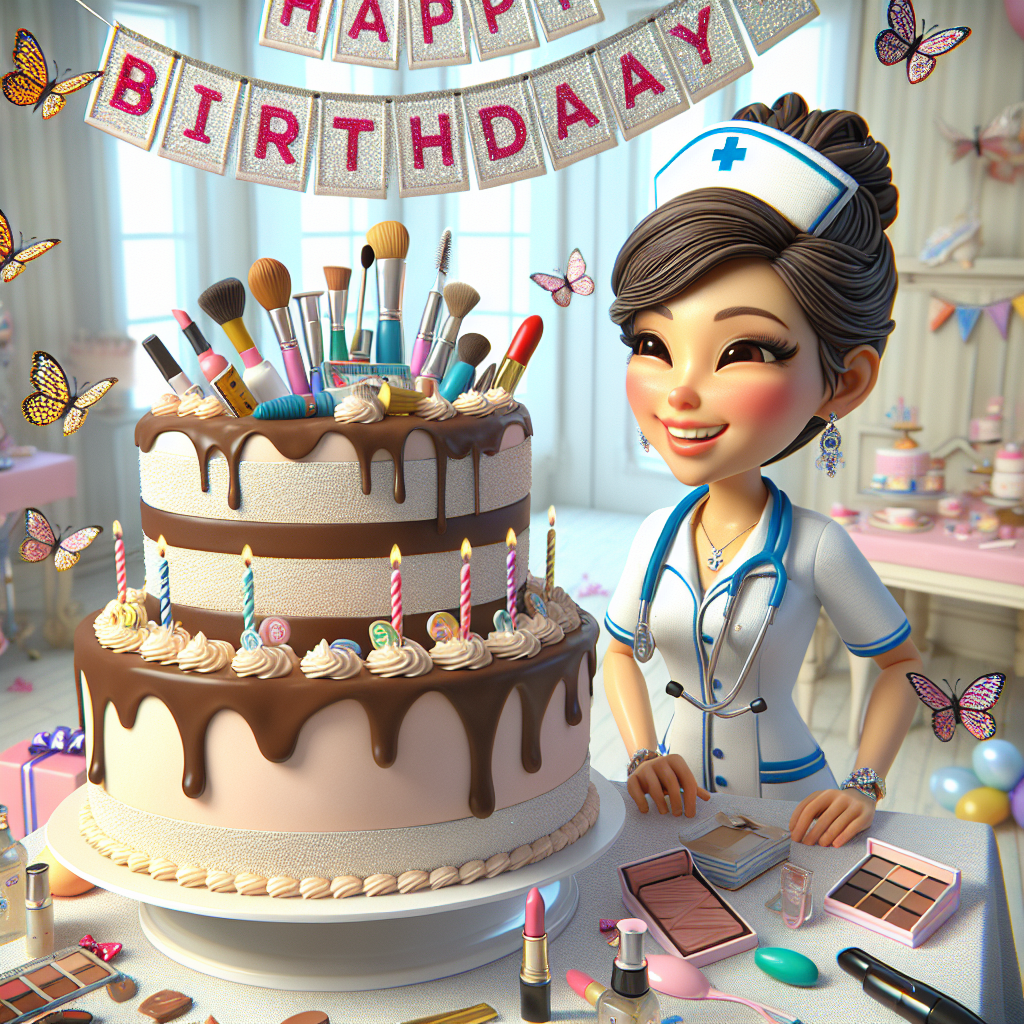 Visualize a lively and cartoonish birthday celebration. A charming nurse, of South-Asian descent and female, is cheerfully dressed in a vibrant party hat. Beside her stands an oversized birthday cake, a confectionery marvel. It is adorned with layers of smooth chocolate frosting and filled with lifelike edible replicas of nursing equipment. Fluttering around the room, delicate butterflies bearing patterns of beauty essentials, such as lipsticks and mascaras, contribute to the elegance of the festive ambiance. Hung overhead is a 'Happy Birthday' banner strung between two walls, each alphabetic character glistening and reflecting light in a jewel-like manner.
Generated with these themes: Nurse, Chocolate, and Beauty.
Made with ❤️ by AI.