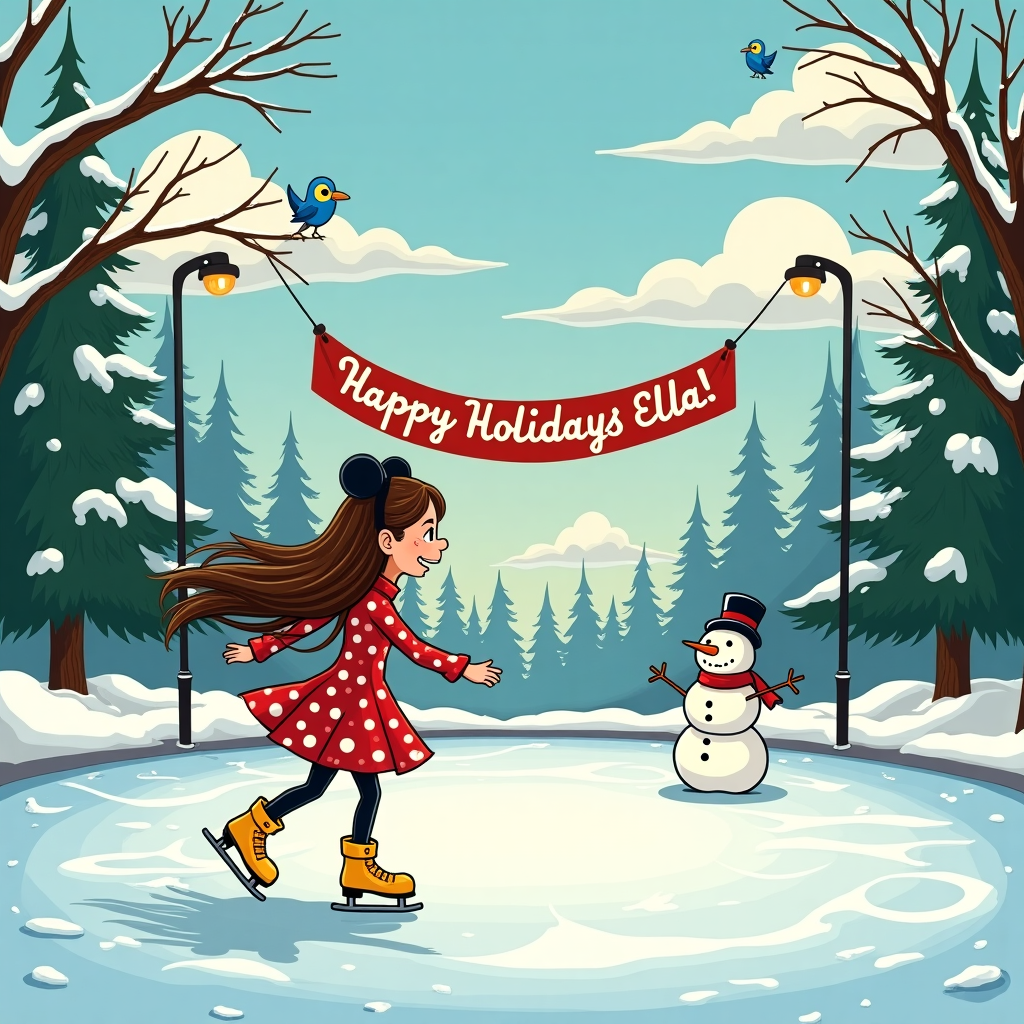 In a whimsical winter wonderland reminiscent of a classic "Simpsons" episode with a dash of magic borrowed from the world of "Peanuts" and "Calvin and Hobbes," the scene unfolds on a glistening ice rink nestled within a snow-blanketed park. In the foreground, a teenage girl with long, flowing brown hair is joyously ice skating, her hair streaming behind her like a graceful ribbon in the chilly air. She’s wearing a Minnie Mouse-inspired dress, complete with a red polka dot pattern and mouse ears perched playfully atop her head, adding a touch of Disney charm. Her yellow skating boots contrast vividly against the ice. As she elegantly glides across the rink, she strikes a pose that echoes the carefree spirit of Hergé's Tintin, while her facial expressions have the exaggerated playfulness akin to Bill Watterson’s Calvin.

Around the rink, towering pine trees dusted with fresh snow frame the scene, their branches drooping slightly under the weight of icicles that sparkle in the gentle winter sun. Perched high in the branches, a trio of cartoon bluebirds chirp and peer down, their presence a nod to the detailed whimsy of Winsor McCay’s "Little Nemo in Slumberland." Nearby, a cheerful snowman stands guard, his oversized carrot nose and lopsided top hat giving him a comical appearance reminiscent of a Gary Larson creation.

In the sky, fluffy clouds drift lazily, each meticulously crafted into the shape of a letter to spell out the name "Ella," their edges glowing softly as they reflect the sun’s golden rays. It’s as if the clouds themselves have joined in on the festive spirit, echoing the fantastical dreamscape style of Osamu Tezuka. A banner stretched across two lampposts at the rink's entrance bears the message "Happy Holidays, Ella!" in vibrant, swirling script, reminiscent of R. Crumb’s bold typography, making her feel special in this animated winter narrative.

In the background, a cozy cabin emits a warm, inviting glow from its windows, with smoke gently curling from its chimney into the frosty air. Children, bundled in colorful scarves and mittens, frolic and laugh, their antics echoing the carefree joy seen in Charles Schulz’s Peanuts gang. This scene, rich with detail and bursting with the energy of classic cartoon influences, captures a festive moment tailored especially for Ella.
Generated with these themes: Teenage girl with long brown h air, ice skating, in minnie mouse dress in the art style of the simpsons.
Made with ❤️ by AI.