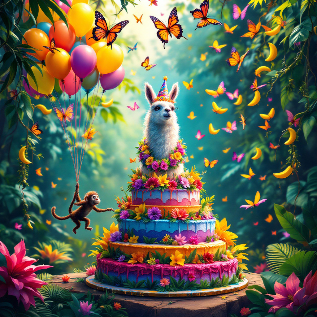 The scene unfolds in a vibrant and fantastical jungle setting, teeming with color and whimsy. At the heart of this lush jungle clearing, a jubilant llama, adorned with a brightly colored party hat and a garland of vibrant tropical flowers around its neck, stands proudly atop a large, decorative birthday cake. The cake is whimsically designed with layers that resemble the stepped pyramids of an ancient temple, each layer lavishly iced in colors mimicking a tropical sunset—rich oranges, purples, and pinks. Above the llama, a kaleidoscope of butterflies flutters in a magnificent display, their wings painted with vivid blues, greens, and golds, and if you look closely, they spell out "Happy Birthday Lali" with their synchronized flight, adding an extra touch of magic to the air. 

To the left of the scene, a cheeky monkey swings from vine to vine, clutching a bundle of helium balloons in one hand. The balloons are shaped like bananas, and they bob playfully as the monkey swings, adding a splash of yellow to the green foliage. On the right, partially submerged in a lily-filled pond, an amiable crocodile sports a dazzling birthday crown crafted from shimmering leaves and gemstones, its tail playfully swishing in the water to reveal a reflection of "Lali" spelled out in lily pads. Above this eclectic gathering, the sky is clear except for a single fluffy cloud shaped like a giant birthday candle, subtly hinting at the celebration below. The entire scene is framed by towering tropical trees with cascading vines, and the jungle floor is a carpet of ferns and exotic flowers, providing the perfect backdrop for this lively birthday bash.
Generated with these themes: Butterflies, Llama, Crocodile, Monkey.
Made with ❤️ by AI.