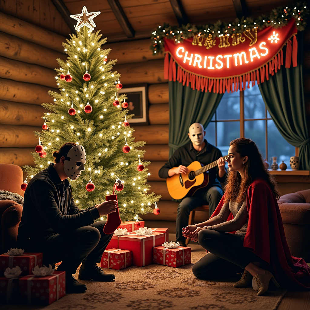 Jason vorhees michael myers bella cullen edward cullen and taylor swift meet the terrifier putting presents under thier christmas tree, and Horror movie styled Christmas Card