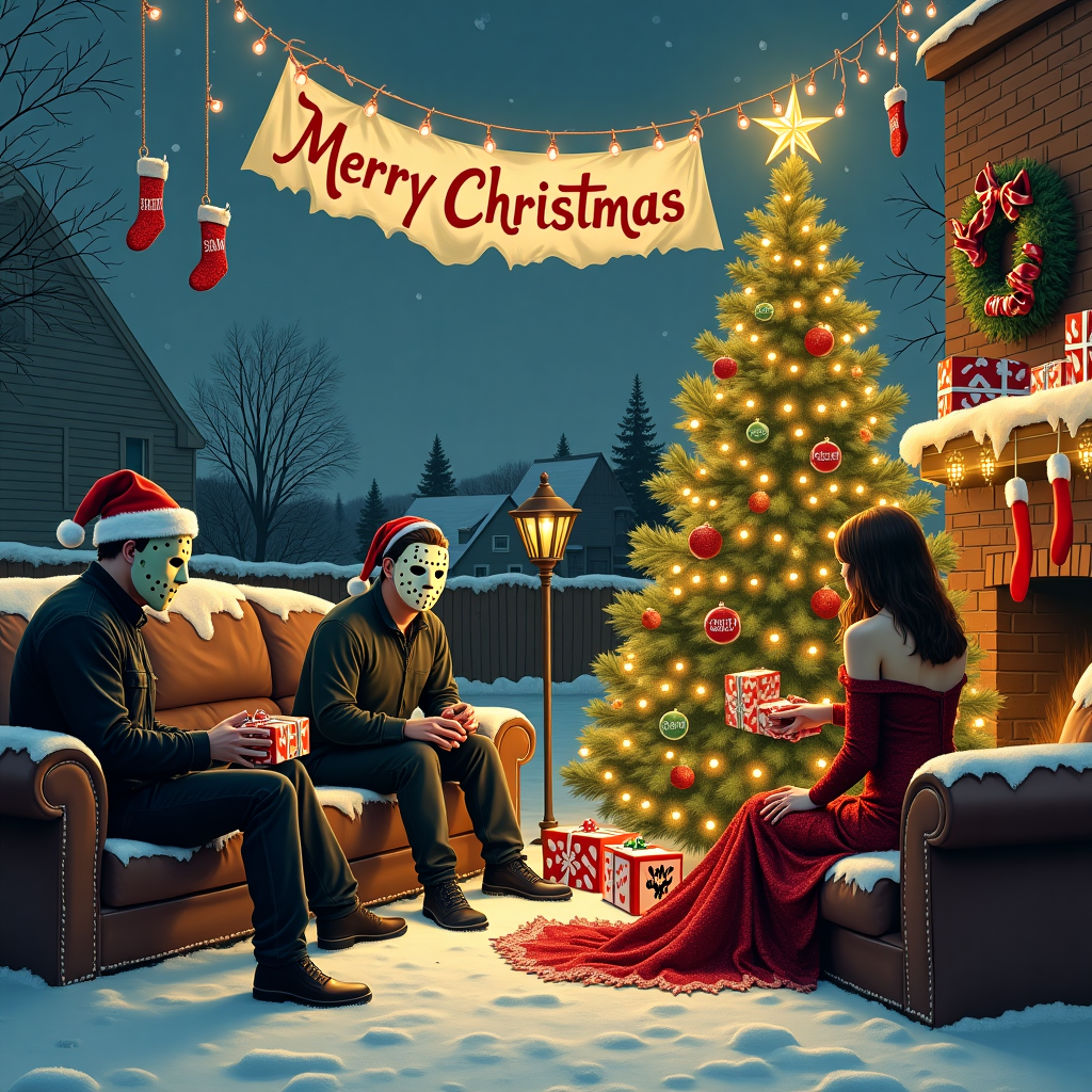 In the heart of a snowy suburban neighborhood, the ultimate Christmas gathering unfolds on a charming card cover. Picture a cozy living room where Jason Voorhees, clad in his iconic hockey mask and festive Santa hat, diligently wraps gifts with his signature machete, leaving ragged edges on every present. Nearby, Michael Myers, in his pale mask, is stringing up red and green fairy lights, each bulb shaped like tiny butcher knives, across the mantle. He occasionally pauses to carefully hang stockings labeled with "Fear" and "Dread." Meanwhile, Bella and Edward Cullen sit by the fireplace, where Edward uses his supernatural speed to decorate the Christmas tree with glistening silver bats and blood-red baubles, their reflection casting an eerie glow. Bella, with her vampire allure, assists by topping the tree with a star made from shards of glittering glass.

In the background, Taylor Swift, in a glamorous red sequined dress, plays a whimsical tune on a grand piano adorned with icicles, while the Terrifier, dressed as a demented elf, mischievously tucks grotesquely wrapped presents under the tree, each adorned with black ribbon and an unsettling smiley face. Above the scene, as if painted into the sky, the clouds part to reveal a banner that reads, "Merry Christmas Em & Morgue" spelled out with strings of flickering, ghostly Christmas lights. This delightfully macabre yet festive tableau captures a holiday celebration like no other, bringing together horror icons and supernatural sparkle for an unforgettable Christmas card.
Generated with these themes: Jason vorhees michael myers bella cullen edward cullen and taylor swift meet the terrifier putting presents under thier christmas tree, and Horror movie styled.
Made with ❤️ by AI.