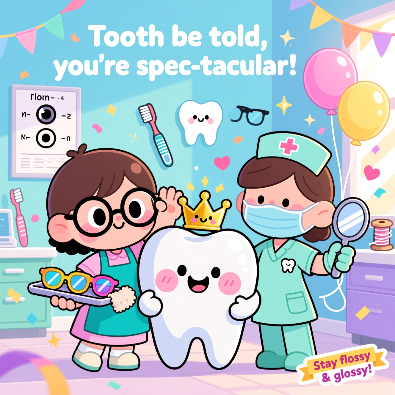 At the top of the Cartoon Style image, "Tooth be told, you're spec-tacular!"
A cute kawaii farewell scene in playful cartoon style with exaggerated proportions and thick outlines: a chibi Optical Assistant and a chibi Dental Nurse waving goodbye while hugging a big smiling anthropomorphic tooth wearing round spectacles. The Optical Assistant has oversized round glasses, big sparkly eyes, a teal apron over a pastel outfit, holding a tray of colorful frames and a fluffy lens cloth; the Dental Nurse in mint scrubs with a tooth badge and gloves, mask tucked under the chin to show a warm smile, holding a shiny dental mirror and a spool of floss with a tiny kawaii face. The tooth mascot beams with blushy cheeks and glossy highlights; the assistant cutely adjusts the spectacles while the nurse places a tiny golden “crown” on one corner. Background blends an optometry nook and a dental bay: pastel mint and sky-blue walls, simplified eye chart graphic (no readable letters), toothbrush-and-glasses icon poster, balloons shaped like a tooth and a pair of specs, confetti, hearts and star sparkles, ribbon streamers, warm sunbeams and soft gradients. Bright saturated candy colors (bubblegum pink, aqua, lemon, lavender), thick inked outlines, bouncy motion lines, soft cel shading, clean vector-like finish; whimsical, energetic poses; large, central characters with airy negative space. At the bottom right as a tiny ribbon sticker, small playful text: "Stay flossy & glossy!" No other text besides these lines.
Generated with these themes: Kawaii style characters, Optical Assistant , Dental Nurse, and .
Made with ❤️ by AI.