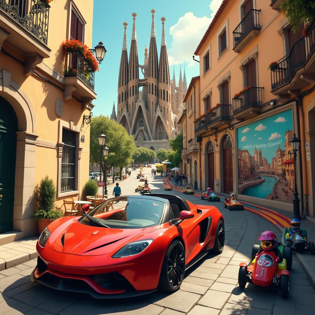 In the foreground, a sleek Vauxhall VX220, its glossy red paint gleaming under the warm Barcelona sun, is parked along a narrow, cobblestoned street. The sports car's low stance and aerodynamic curves contrast sharply with the rustic charm of the surrounding buildings, which are adorned with vibrant flower boxes on wrought iron balconies. To the right of the VX220, an ornate street lamp casts a gentle shadow on a bustling café terrace, where patrons sip on espresso and chatter animatedly. In the background, the historic architecture of the Sagrada Familia looms magnificently, its spires piercing the azure sky. Beside the car, a whimsical go-kart track winds through the scene, weaving between café tables and street performers. The go-karts, brightly colored and adorned with fun, eye-catching decals and fluttering streamers, add to the lively ambiance. Along the track, a few enthusiastic racers in playful racing gear zoom past, their faces lit with excitement. The go-kart track culminates in front of a mural on a nearby wall, which depicts a surrealist landscape that seamlessly blends the picturesque streets of Barcelona with a racecourse leading up to the Sagrada Familia. In one corner of the mural, a farewell banner waves gently, written in vibrant colors: "Adiós y Buena Suerte!" The entire scene is bustling with life, each element meticulously detailed to capture the essence of farewell amidst an adventurous and whimsical setting.

Generated with these themes: Vauxhall VX220, Go-karting, and Barcelona.  
Made with ❤️ by AI.
