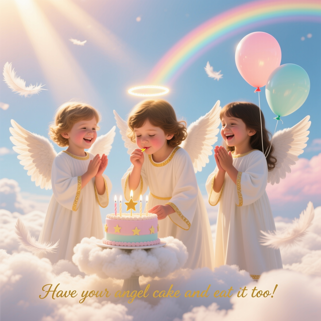 Ultra-high-definition 4K UHD photorealistic portrait, taken with a full-frame DSLR, 85mm prime lens at f/1.8, ISO 100, 1/500s — a heavenly scene of three diverse child angels (ages 5–8) on billowing sunlit clouds, wearing modest flowing white robes with gold trim, soft feathered wings, and glowing halos. Golden-hour light pours through with gentle volumetric rays and warm rim lighting; creamy bokeh sparkles behind them, creating a rich sense of depth. The center angel leans to blow out a small pastel birthday cake on a fluffy cloud pedestal, topped with tiny star-shaped candles; the other two clap and giggle, holding pastel star balloons. Downy feathers drift in the air, a faint rainbow arcs across a blush-and-sky-blue horizon; natural skin tones, rosy cheeks, joyful expressions, lifelike fabric and feather detail. Clean vertical composition, accurate lighting and textures, true-to-life rendering. Small caption at bottom in delicate gold script: “Have your angel cake and eat it too!”
Generated with these themes: .
Made with ❤️ by AI.
