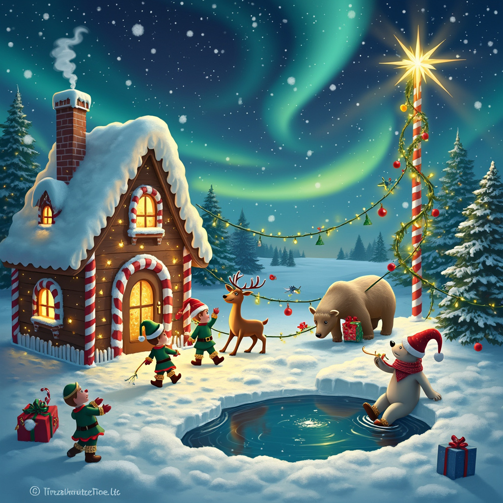 In the vibrant, whimsical world of the North Pole, our Christmas scene unfolds under the ethereal dance of the Northern Lights. Imagine a snowy landscape blanketed in shimmering white, stretching out as far as the eye can see. In the foreground, Santa's workshop stands prominently, a charming gingerbread-style building with candy cane pillars and twinkling fairy lights that zigzag across the roof, illuminating the snow below. Smoke puffs cheerily from the chimney, curling into the frigid night air.

To the left of the workshop, a group of mischievous elves dressed in green and red, with pointy hats and bells on their shoes, are engaging in a snowball fight. One elf is mid-throw, a snowball frozen in the air, while another ducks behind a snow-covered tree. The tree itself is decorated with ornaments shaped like tiny presents and stars, some of which have tumbled to the ground, half-buried in snow.

In the center of the scene, Rudolph the Red-Nosed Reindeer, complete with a glowing red nose that casts a warm light, is tangled in a string of Christmas lights. His fellow reindeer are attempting to help, with one reindeer using his antlers to try and lift the lights, creating a humorous, chaotic scene.

On the right, a polar bear wearing a festive Santa hat and a red scarf is ice fishing through a hole in a frozen pond. He looks up, surprised, as a fish pops out of the water wearing a tiny Santa hat of its own.

Above this delightful chaos, the Northern Lights swirl in vibrant greens, purples, and blues, painting the sky with their magical, luminescent glow. Within the lights, subtly woven, are the ghostly outlines of Christmas icons – a sleigh, reindeer, and even Santa himself, as if the Northern Lights are telling their own ancient holiday story.

In the background, the majestic North Pole, an actual candy cane pole with a golden star on top, stands tall, surrounded by more festive trees, each twinkling with their own lights. To the far left, a cheerful snowman with a carrot nose, coal eyes, and a red scarf waves at the viewer, a broomstick held jauntily over one shoulder.

Every element of this scene is brimming with holiday cheer and humorous detail, from the elves' antics to Rudolph's predicament, all brought to life under the magical, dancing lights of the Northern sky.
Generated with these themes: Northpole northern light .
Made with ❤️ by AI.