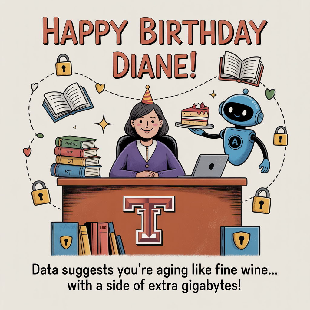  "Happy Birthday Diane!". include texas state university symbols, as well as data. AI, and cyber security symbols, and Birthday Card