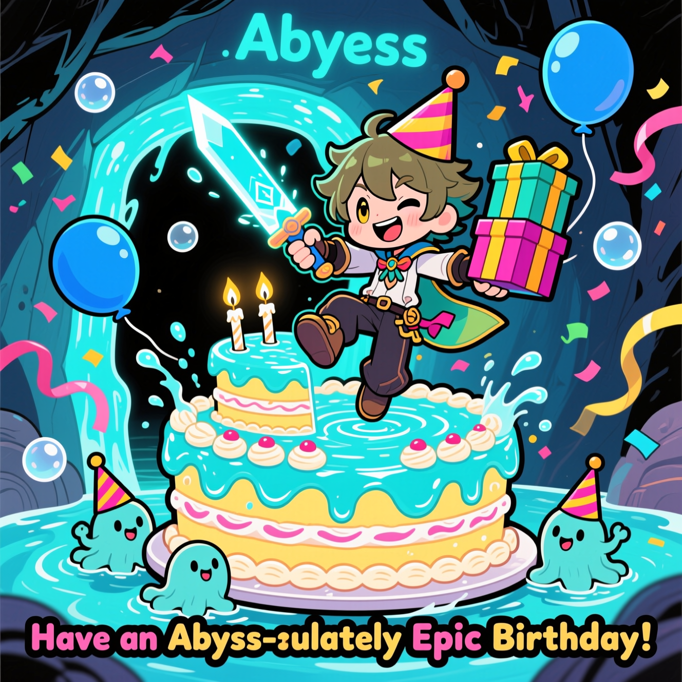 Cartoon-style, playful chibi Skirk (Genshin) bursting out of a shimmering Abyssal water portal that’s comically shaped like a multi-tier birthday cake, watery tiers stacked like frosting, splashes sparkling; Skirk in an energetic mid-leap pose with a mischievous grin, tilted party hat, one hand conjuring glowing hydro blade-candles that pop onto the cake, the other steadying a wobbling stack of gift boxes; confetti, streamers, and bubbly blue balloons swirl around; a couple of tiny hydro slimes in party hats cheer from the base of the cake; background: whimsical, bright “Abyss” cavern with soft bioluminescent bubbles—fun, not scary; thick black outlines, exaggerated proportions, bold cel shading, saturated palette (aqua, electric blue, teal, magenta, lemon yellow), chunky highlights, dynamic motion lines; vertical composition, large central figure; include a small caption at the bottom in chunky bubble lettering with a dark outline: “Have an Abyss-olutely Epic Birthday!”; high resolution, clean linework, no other text, no watermark.
Generated with these themes: Genshin Skirk, and .
Made with ❤️ by AI.