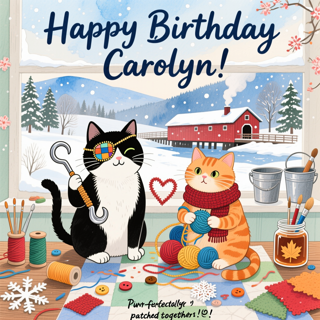 Two cats one cat with an eye patch, Winter, Vermont, Crafts, and Birthday Card