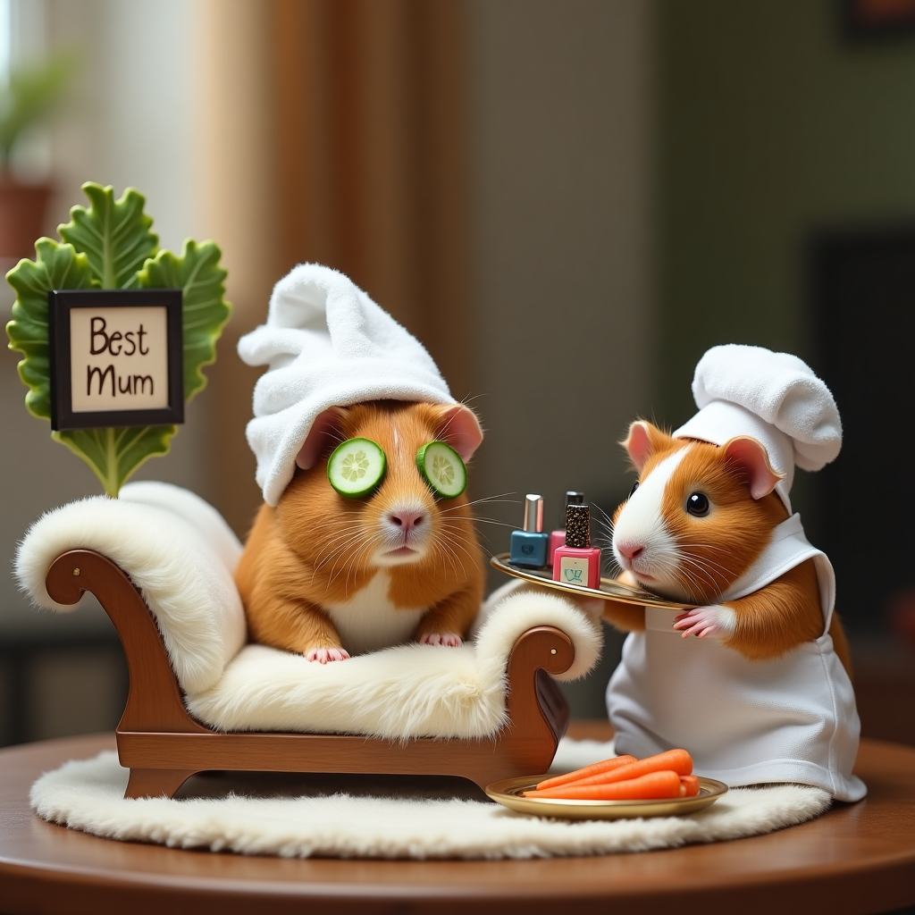 **At the top of the realistic photograph image: "Hoppy Mother's Day, Mum – You're the pick of the hutch!"**

A realistic photograph of a pampered guinea pig sitting regally in a miniature spa setup, complete with tiny cucumber slices on its eyes, a fluffy white towel turban wrapped around its head, and a plate of baby carrots beside it. The guinea pig is reclining on a soft, plush chaise lounge. Behind it, a framed photo of a "Best Mum" award shaped like a lettuce leaf hangs crookedly on a tiny wall. A second guinea pig dressed like a spa assistant in a tiny apron offers a tray with nail polish bottles (non-toxic and comically oversized for realism). The scene is set indoors with warm, soft lighting, and all the miniature details evoke a hilarious luxury pampering session fit for a mum-sterpiece.
Generated with these themes: gineau pig.
Made with ❤️ by AI.