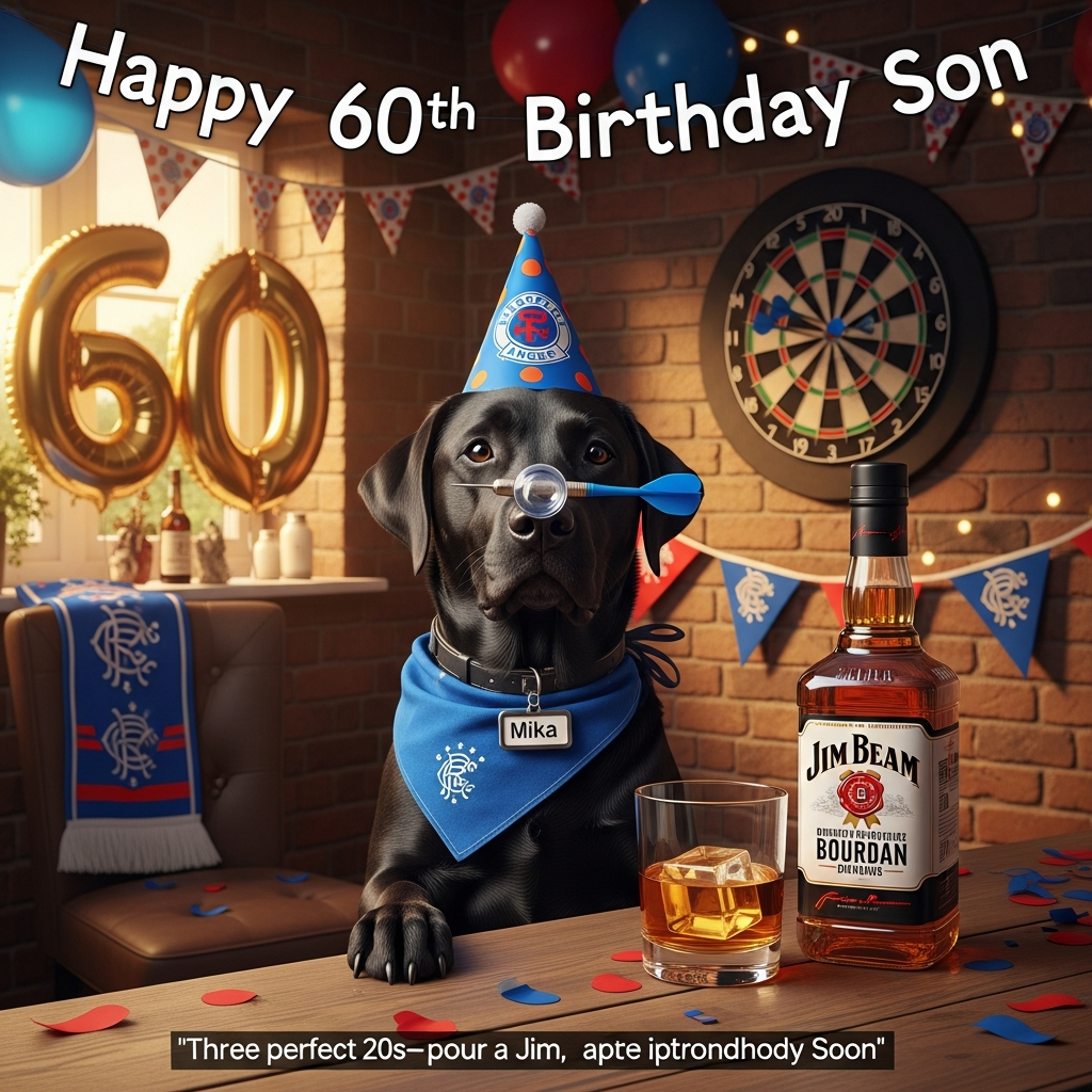 Jim Beam ... his black labrador mika ...darts..rangers football club, and Birthday Card